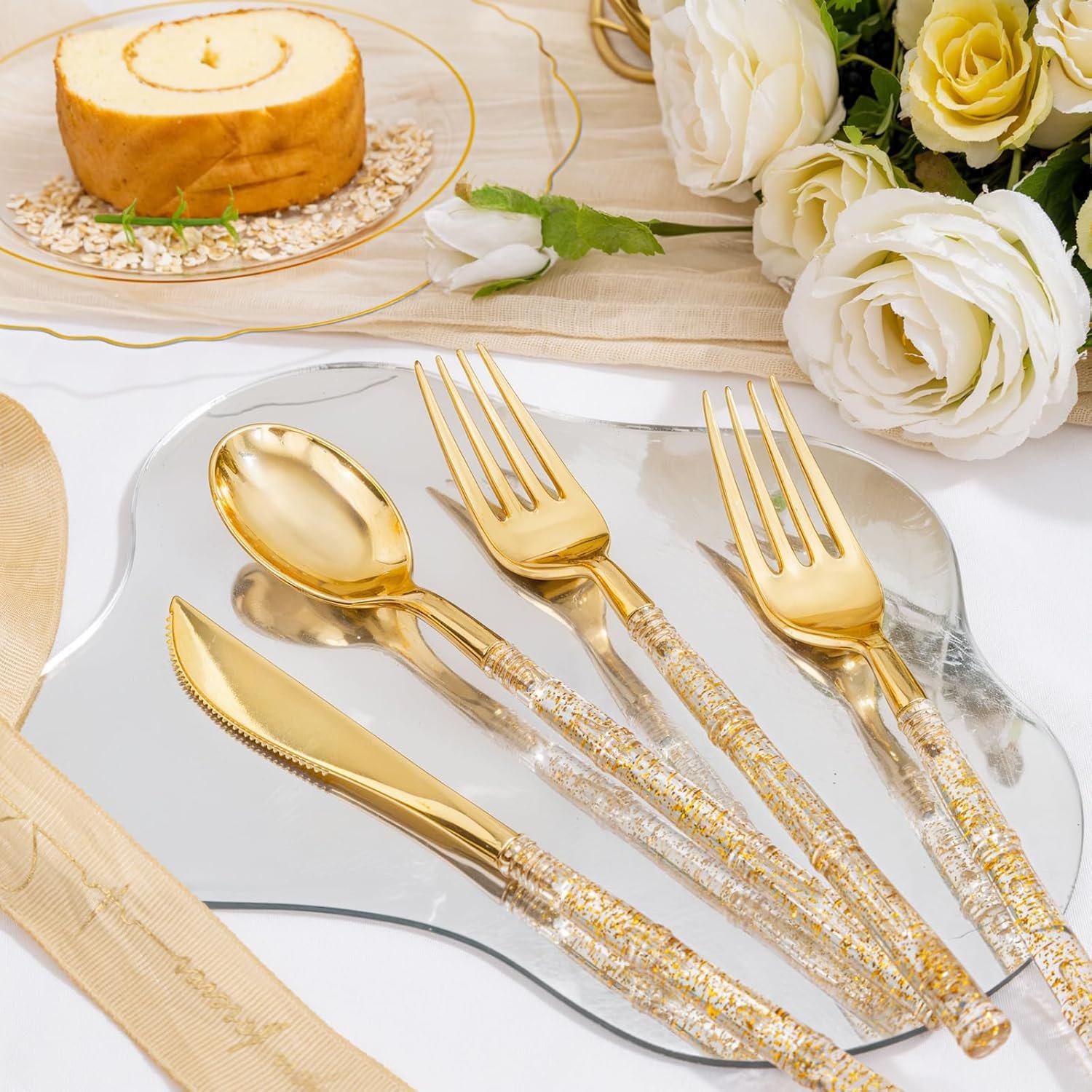 Wholesale 150PCS Clear Gold Plastic Plates Disposable Silverware Glitter Bamboo Handle Cutlery Baroque for Wedding Party Mother's Day Easter Supplier