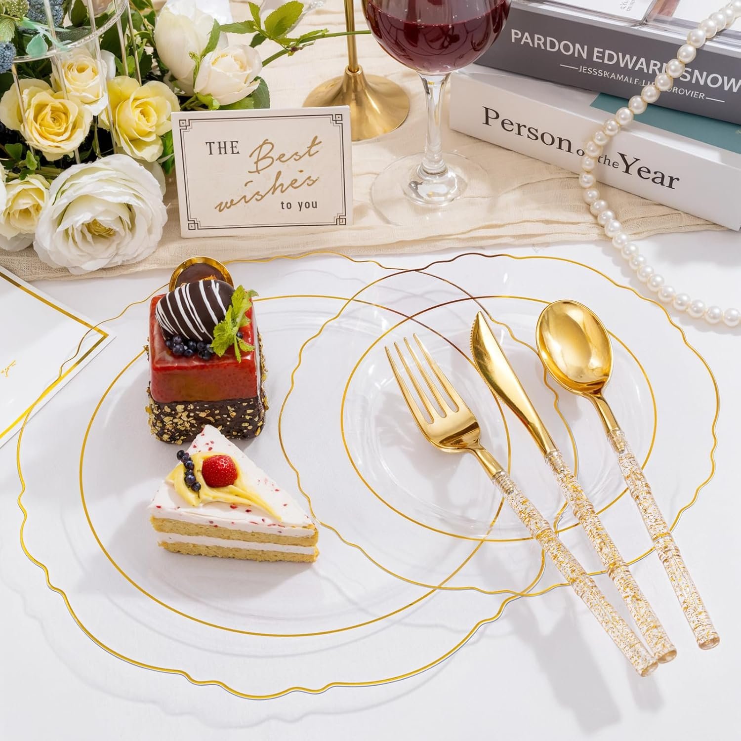 Wholesale 150PCS Clear Gold Plastic Plates Disposable Silverware Glitter Bamboo Handle Cutlery Baroque for Wedding Party Mother's Day Easter Supplier