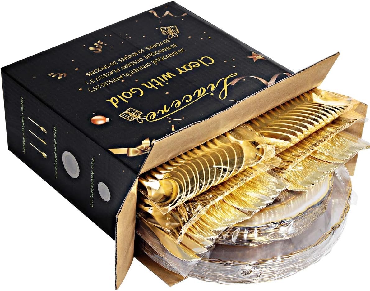 Wholesale 150PCS Clear Gold Plastic Plates Disposable Silverware Glitter Bamboo Handle Cutlery Baroque for Wedding Party Mother's Day Easter Supplier