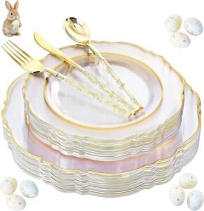 Liacere 150PCS Clear Gold Plastic Plates - Disposable Plastic Silverware with Glitter Bamboo Handle Cutlery-Baroque Clear Gold Disposable Plates for Wedding & Party & Mother's Day & Easter Day