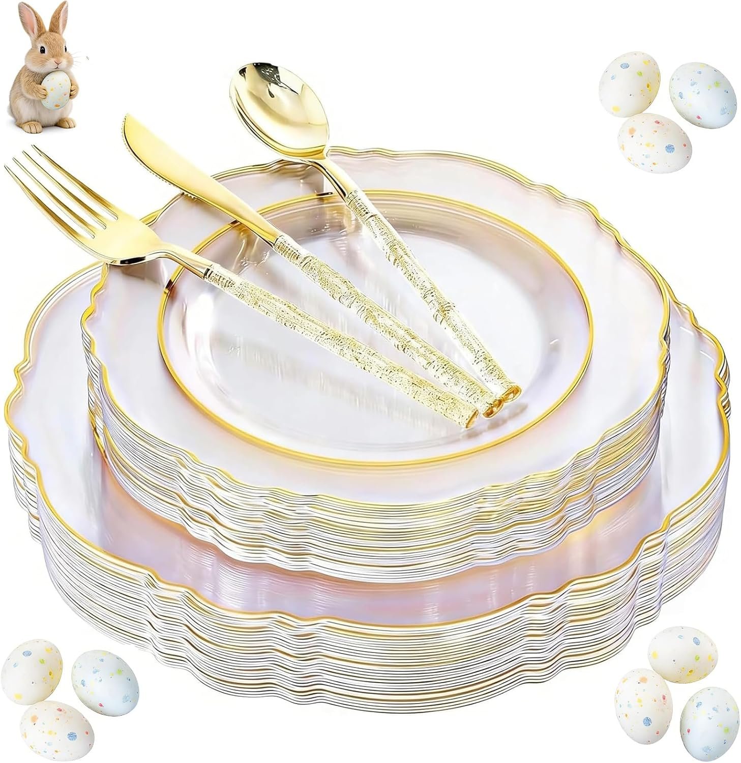 Liacere 150PCS Clear Gold Plastic Plates - Disposable Plastic Silverware with Glitter Bamboo Handle Cutlery-Baroque Clear Gold Disposable Plates for Wedding & Party & Mother's Day & Easter Day