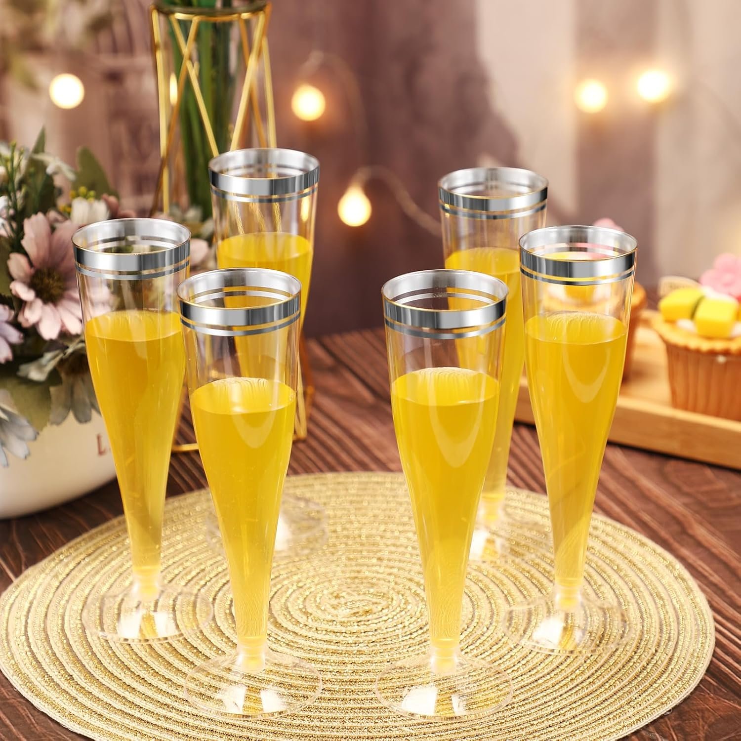 Wholesale 100 Pcs Silver Rim 4.5 oz Clear Plastic Champagne Flutes Disposable Toasting Glasses Mimosa Cocktail Cups for Weddings Birthdays Parties Supplier