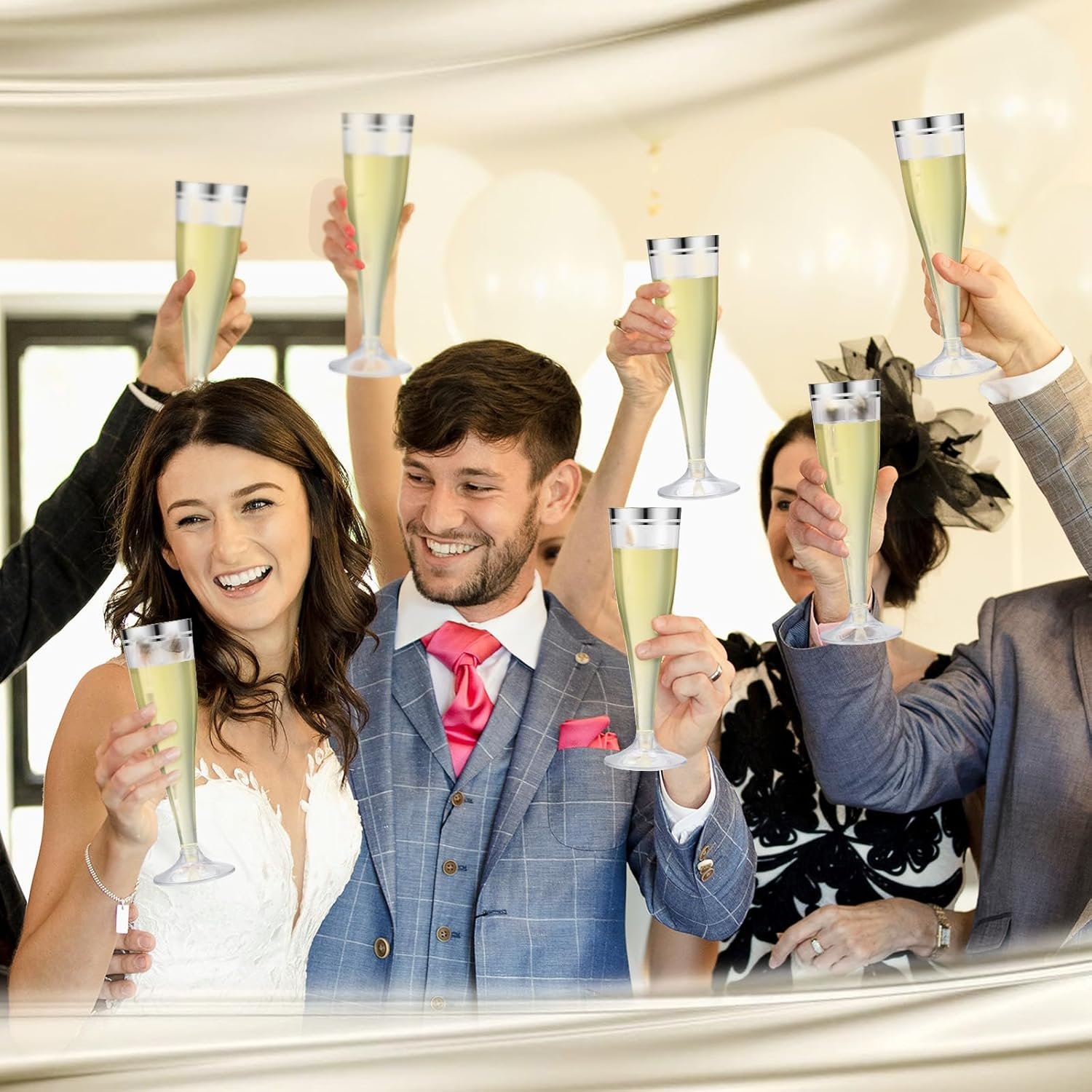 Wholesale 100 Pcs Silver Rim 4.5 oz Clear Plastic Champagne Flutes Disposable Toasting Glasses Mimosa Cocktail Cups for Weddings Birthdays Parties Supplier