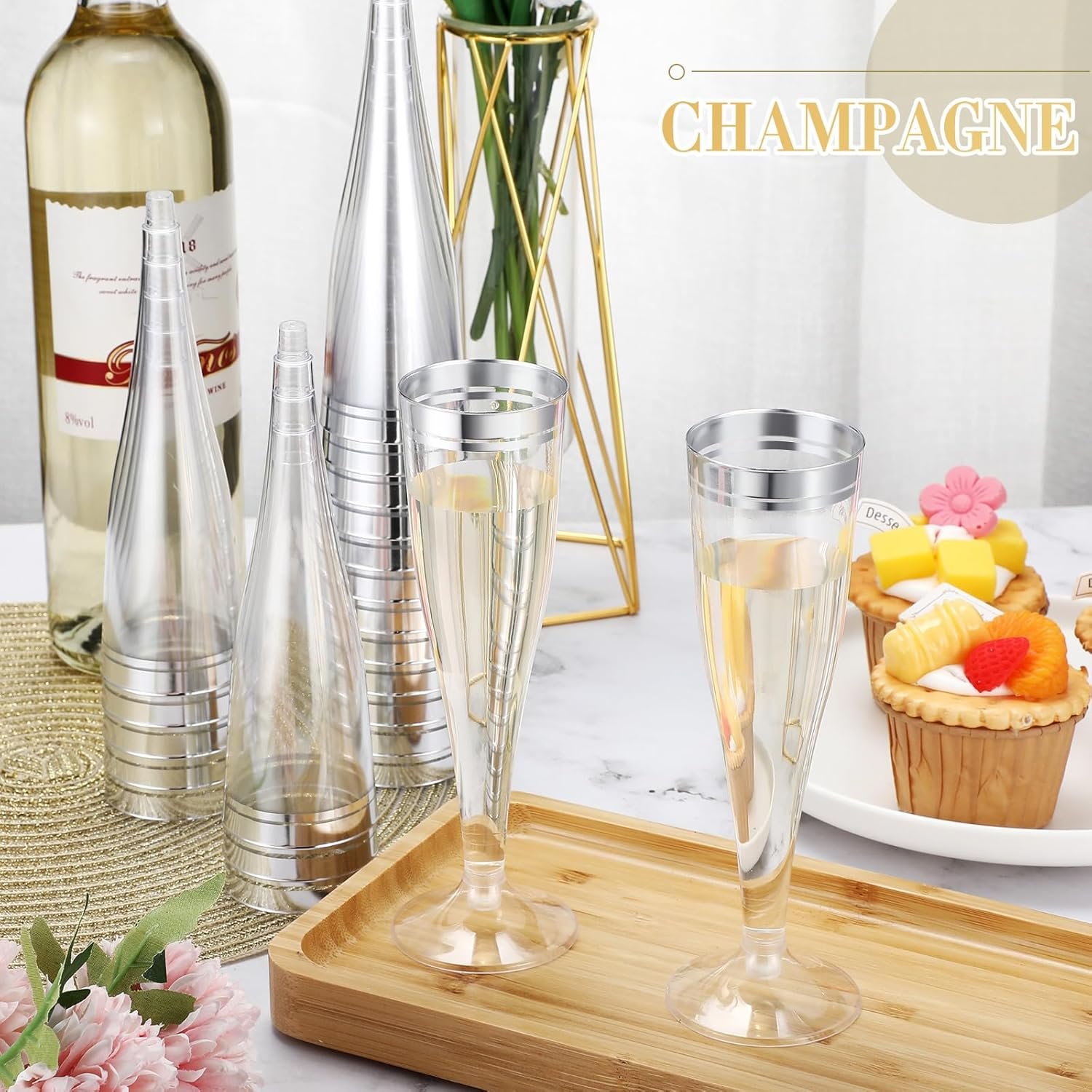 Wholesale 100 Pcs Silver Rim 4.5 oz Clear Plastic Champagne Flutes Disposable Toasting Glasses Mimosa Cocktail Cups for Weddings Birthdays Parties Supplier