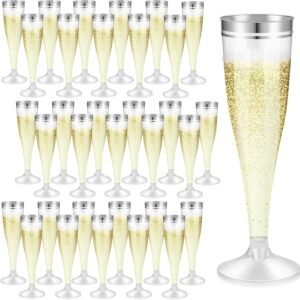 Skylety 100 Pcs Silver Rim Champagne Flutes Bulk 4.5 oz Clear Plastic Toasting Glasses Mimosa Glasses Disposable Cocktail Cups for Valentine Day Wedding Birthday Family Baby Shower Party Supplies