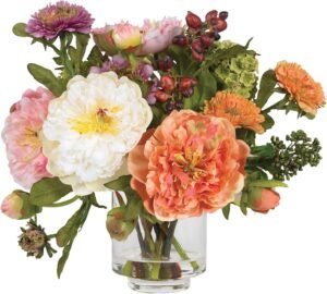 Nearly Natural Mini Artificial Peony Floral Arrangement, Faux Flowers for Table Shelf Decor, Assorted Colors