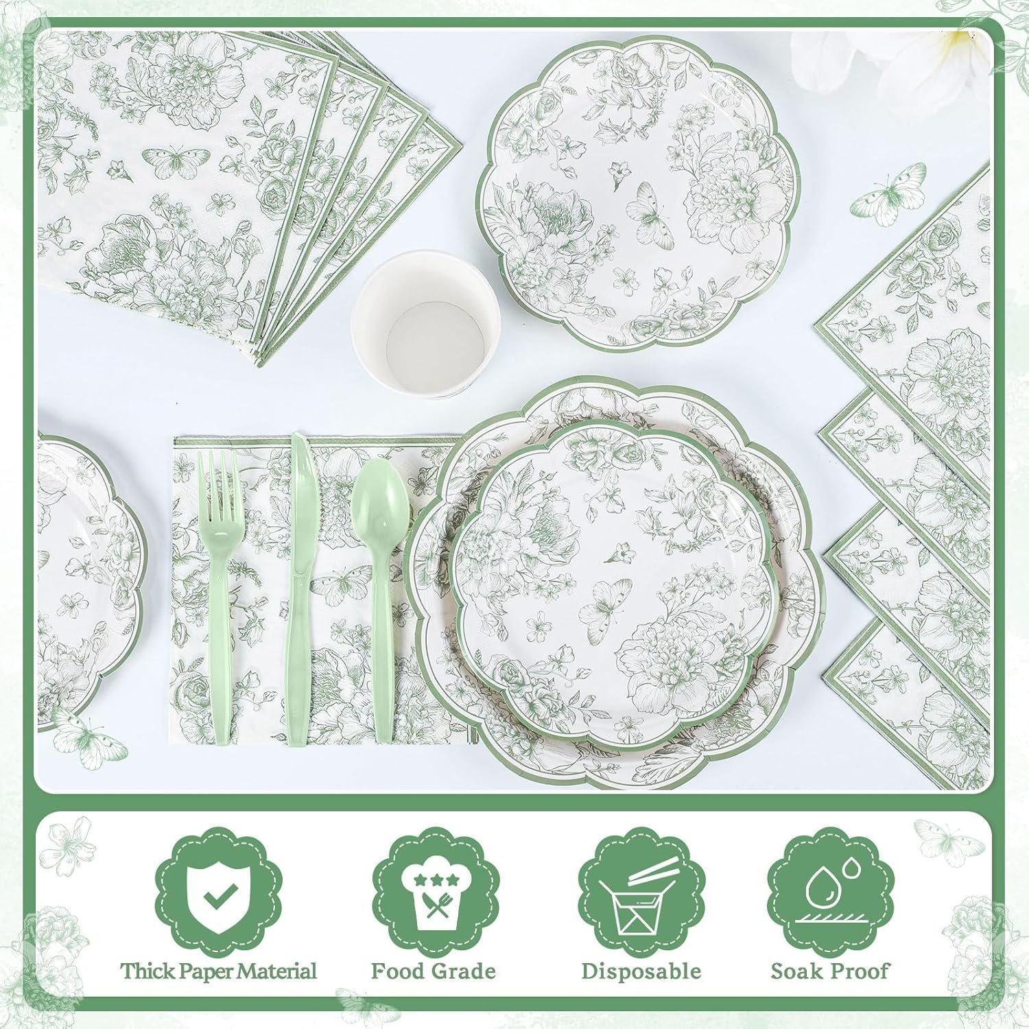 Wholesale 175 Pcs Sage Green Floral Plates Napkins for 25 Guests Scalloped Toile Chinoiserie Party Supplies Including Cups Plastic Cutlery for Wedding Bridal Baby Shower Tea Party Supplier