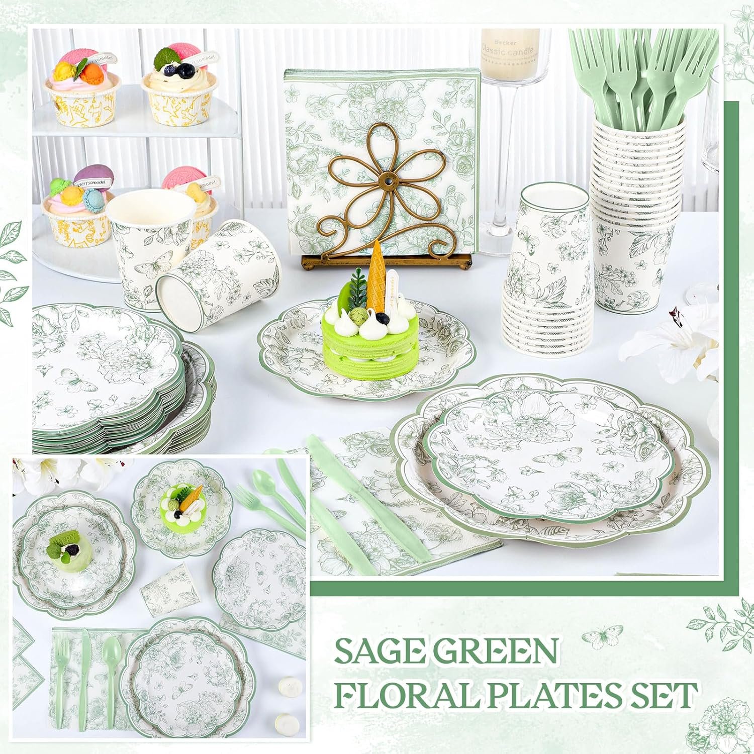 Wholesale 175 Pcs Sage Green Floral Plates Napkins for 25 Guests Scalloped Toile Chinoiserie Party Supplies Including Cups Plastic Cutlery for Wedding Bridal Baby Shower Tea Party Supplier