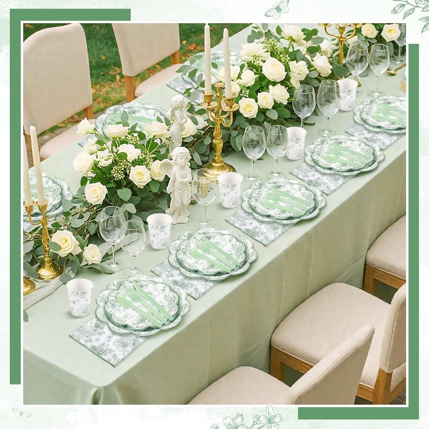 Wholesale 175 Pcs Sage Green Floral Plates Napkins for 25 Guests Scalloped Toile Chinoiserie Party Supplies Including Cups Plastic Cutlery for Wedding Bridal Baby Shower Tea Party Supplier