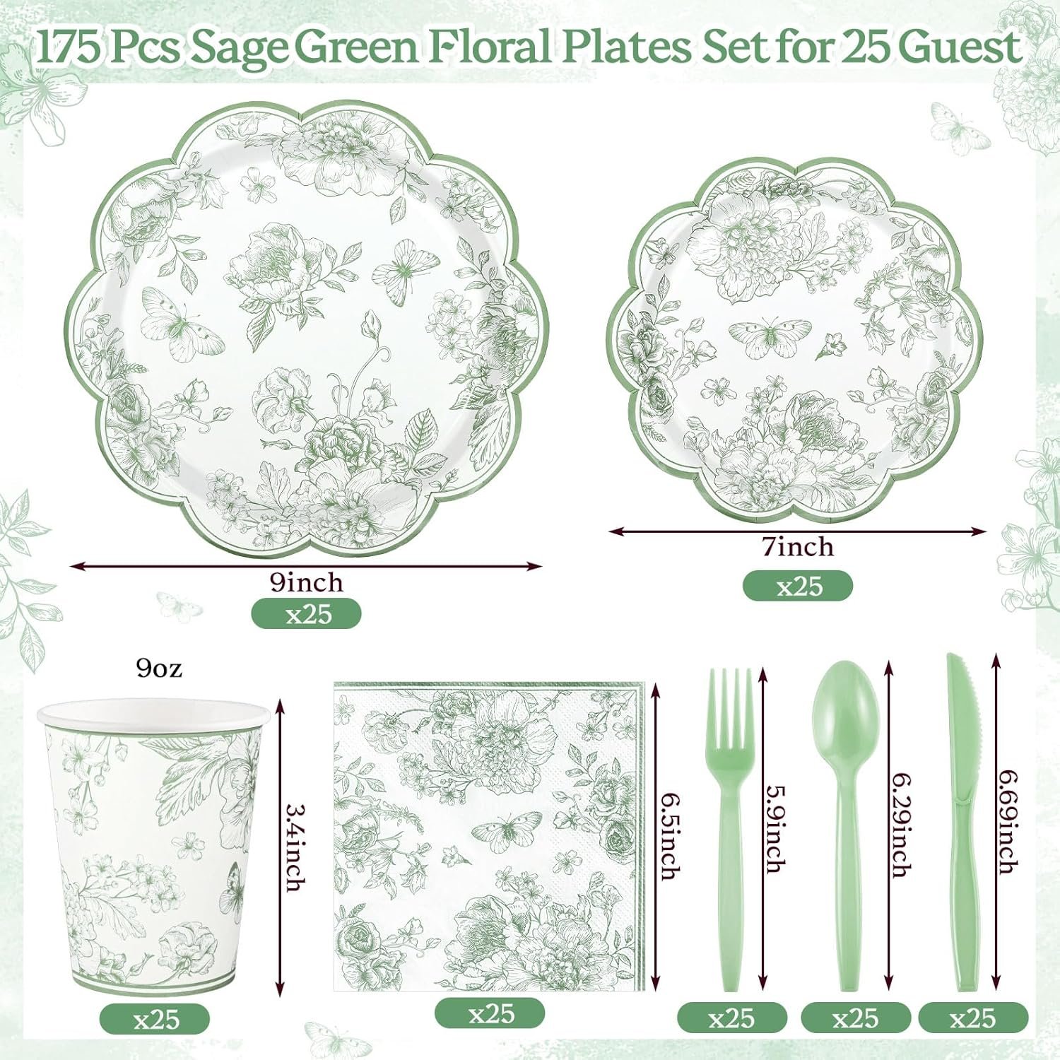 Wholesale 175 Pcs Sage Green Floral Plates Napkins for 25 Guests Scalloped Toile Chinoiserie Party Supplies Including Cups Plastic Cutlery for Wedding Bridal Baby Shower Tea Party Supplier