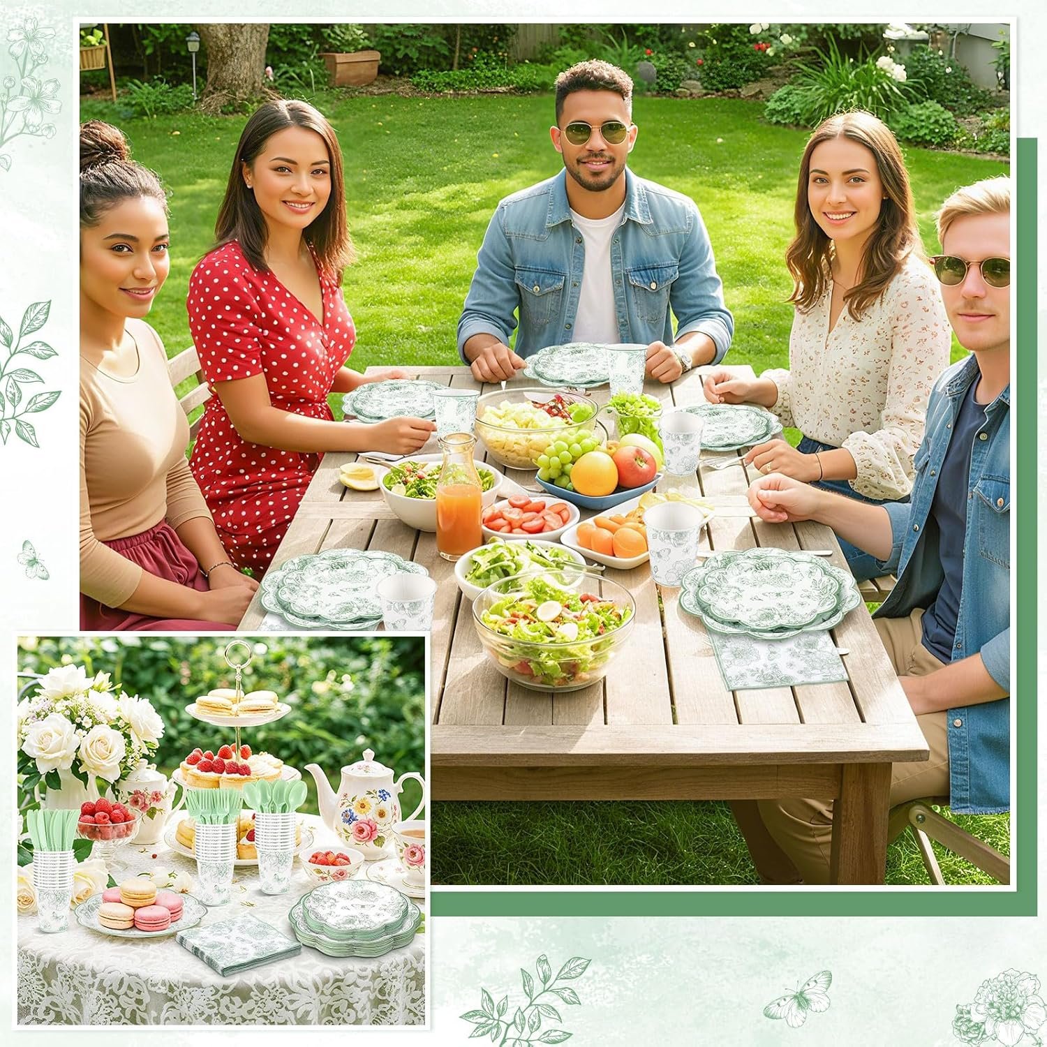 Wholesale 175 Pcs Sage Green Floral Plates Napkins for 25 Guests Scalloped Toile Chinoiserie Party Supplies Including Cups Plastic Cutlery for Wedding Bridal Baby Shower Tea Party Supplier