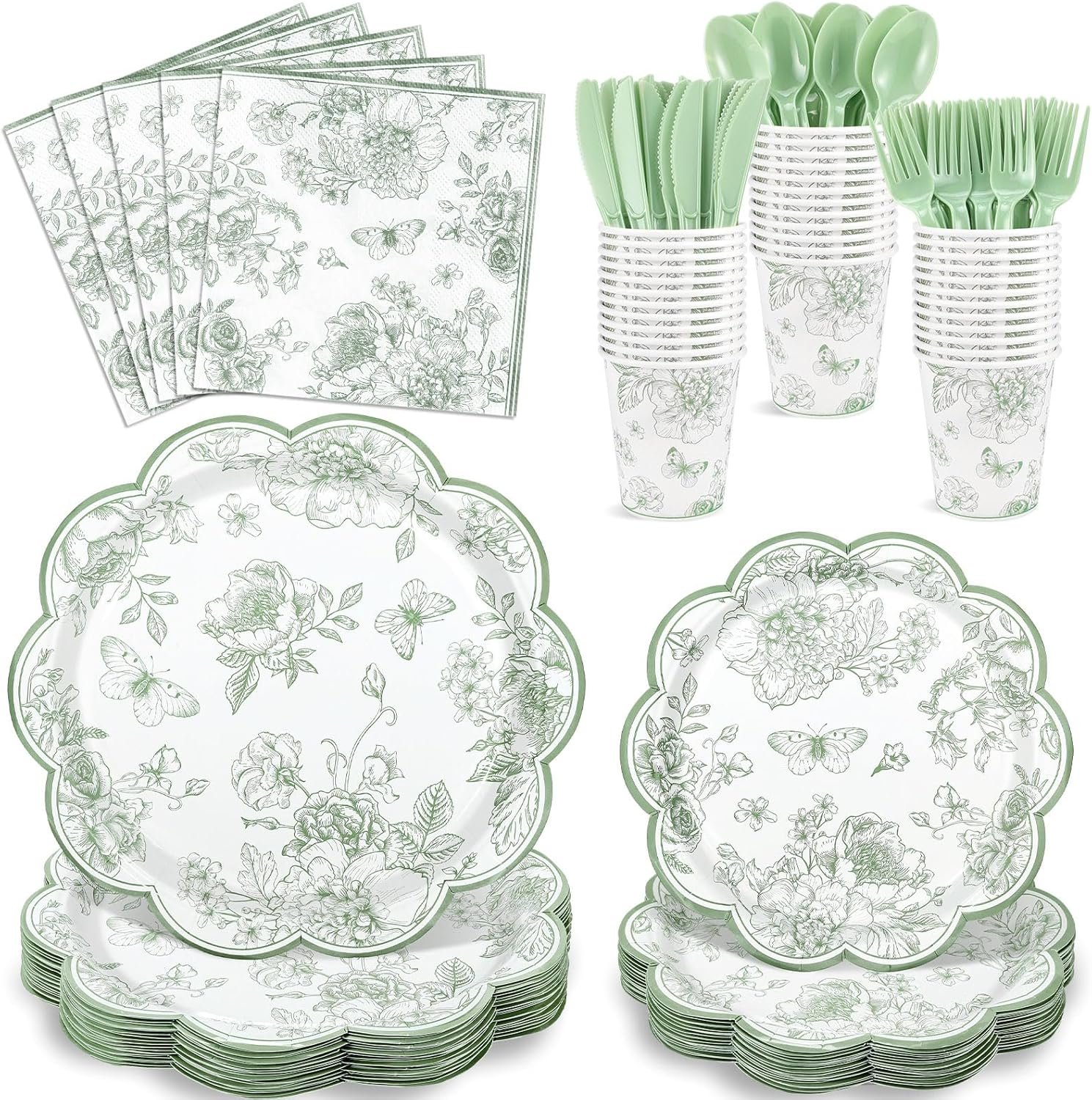 175 Pcs Sage Green Floral Plates and Napkins 25 Guest Scalloped Toile Chinoiserie Party Supplies Includes Floral Plates Napkins Cups Plastic Cutlery for Wedding, Bridal&Baby Shower, Tea Party
