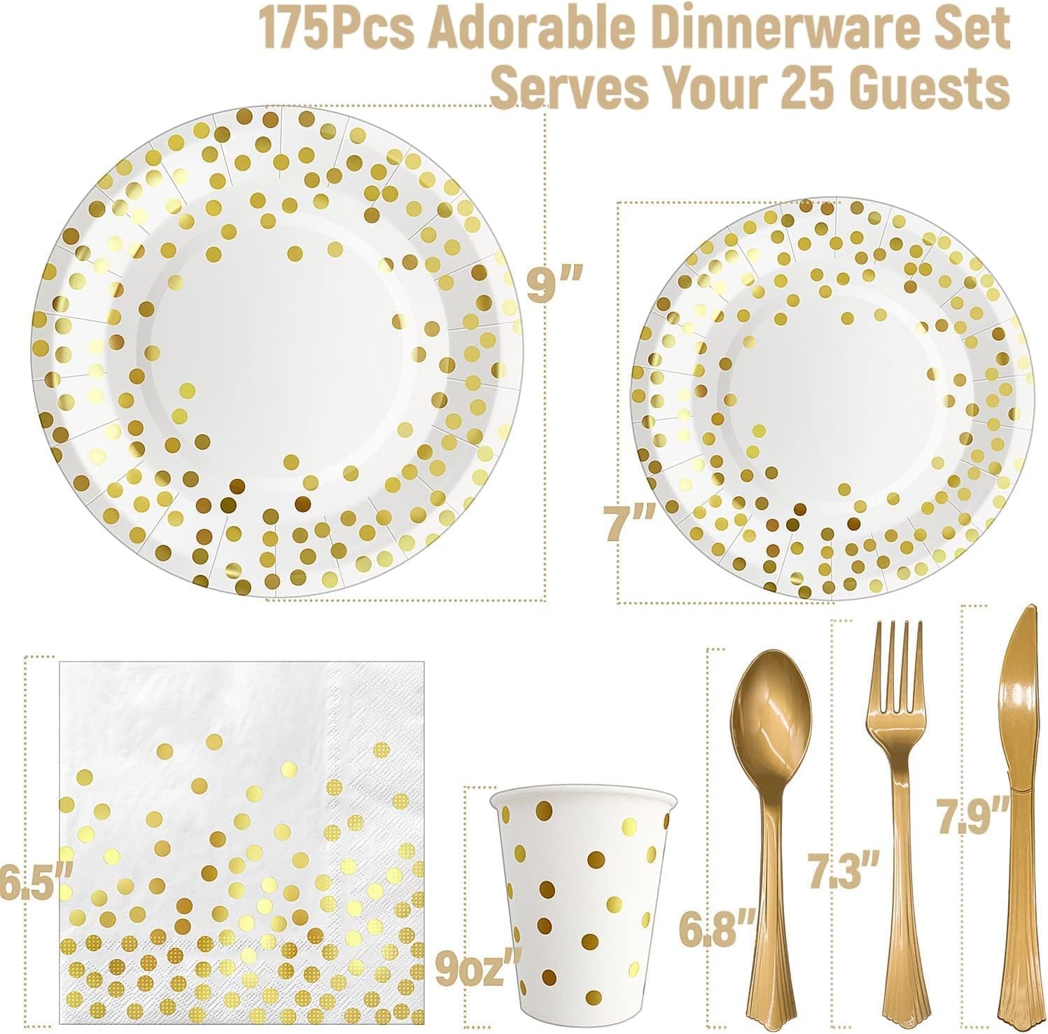 Wholesale 175PCS White and Gold Paper Plates Party Supplies for 25 Guests Disposable Dinnerware Golden Dot Plates Napkins Cups Plastic Forks Knives Spoons for Wedding Birthday Supplier