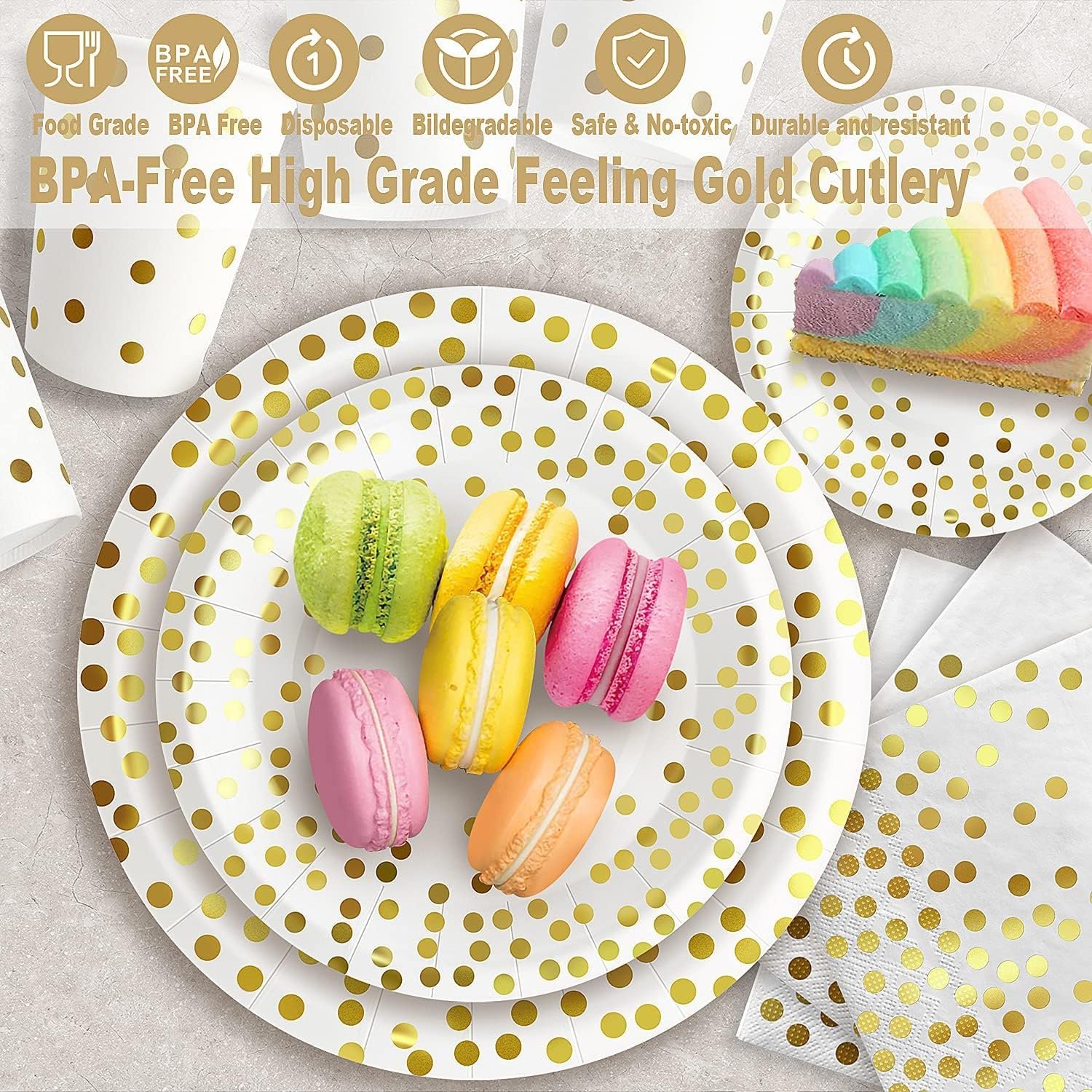 Wholesale 175PCS White and Gold Paper Plates Party Supplies for 25 Guests Disposable Dinnerware Golden Dot Plates Napkins Cups Plastic Forks Knives Spoons for Wedding Birthday Supplier