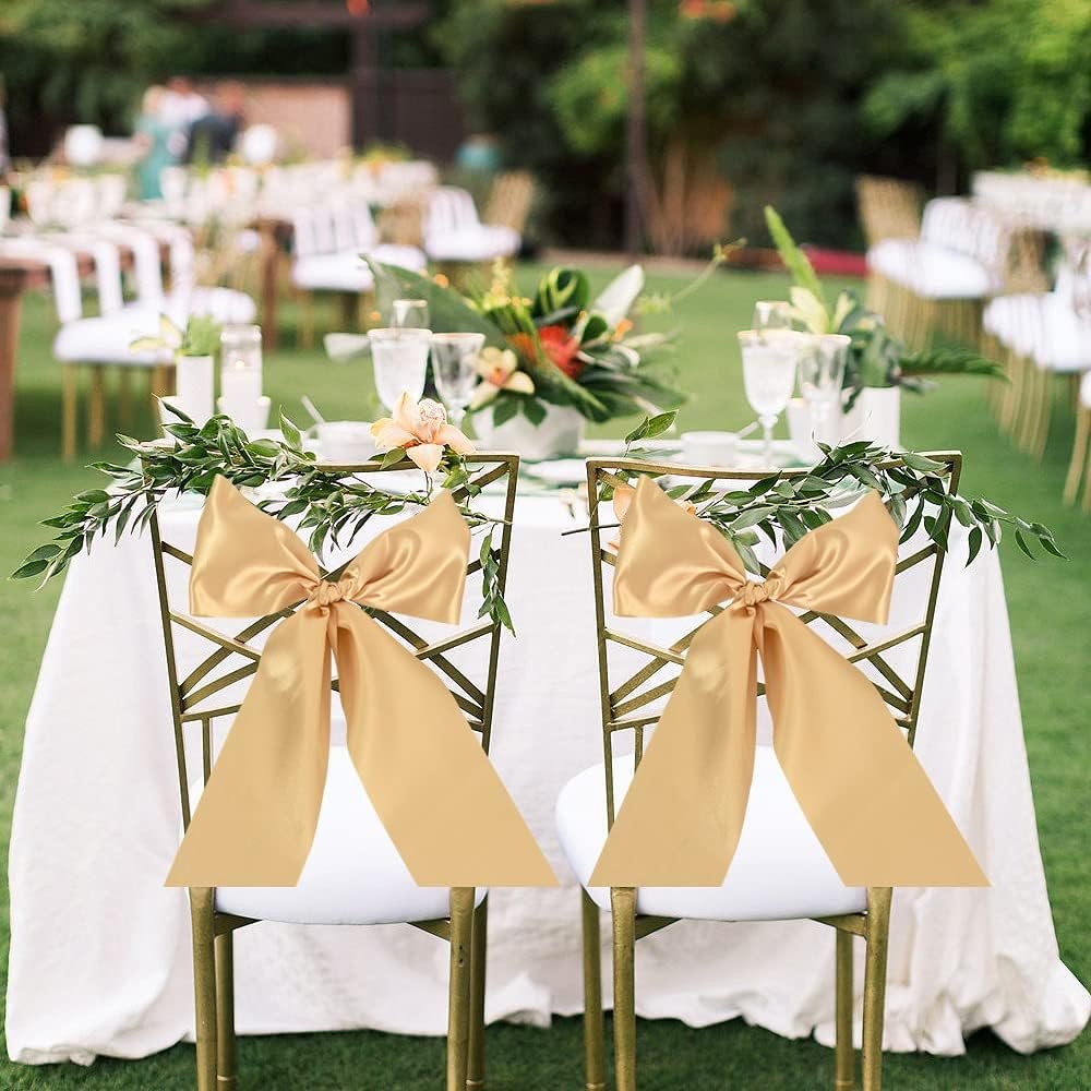 Wholesale 4 Inch x 22 Yards Wide Gold Satin Ribbon Solid Fabric for Cutting Ceremony Kit Grand Opening Chair Sash Table Hair Car Bows Sewing Craft Gift Wrapping Wedding Party Decoration Supplier