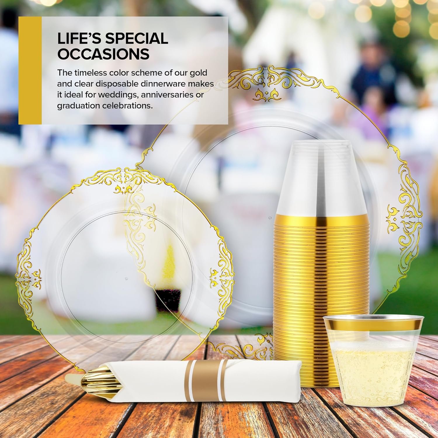 Wholesale Clear and Gold Plates Set with Pre-Rolled Cutlery Napkins and Gold Cups Dinnerware for 50 Guests (350pcs) Disposable Party Sets for Weddings Bridal Showers Graduation Parties Supplier Wholesale Clear and Gold Plates Set with Pre-Rolled Cutlery Napkins and Gold Cups Dinnerware for 50 Guests (350pcs) Disposable Party Sets for Weddings Bridal Showers Graduation Parties Supplier