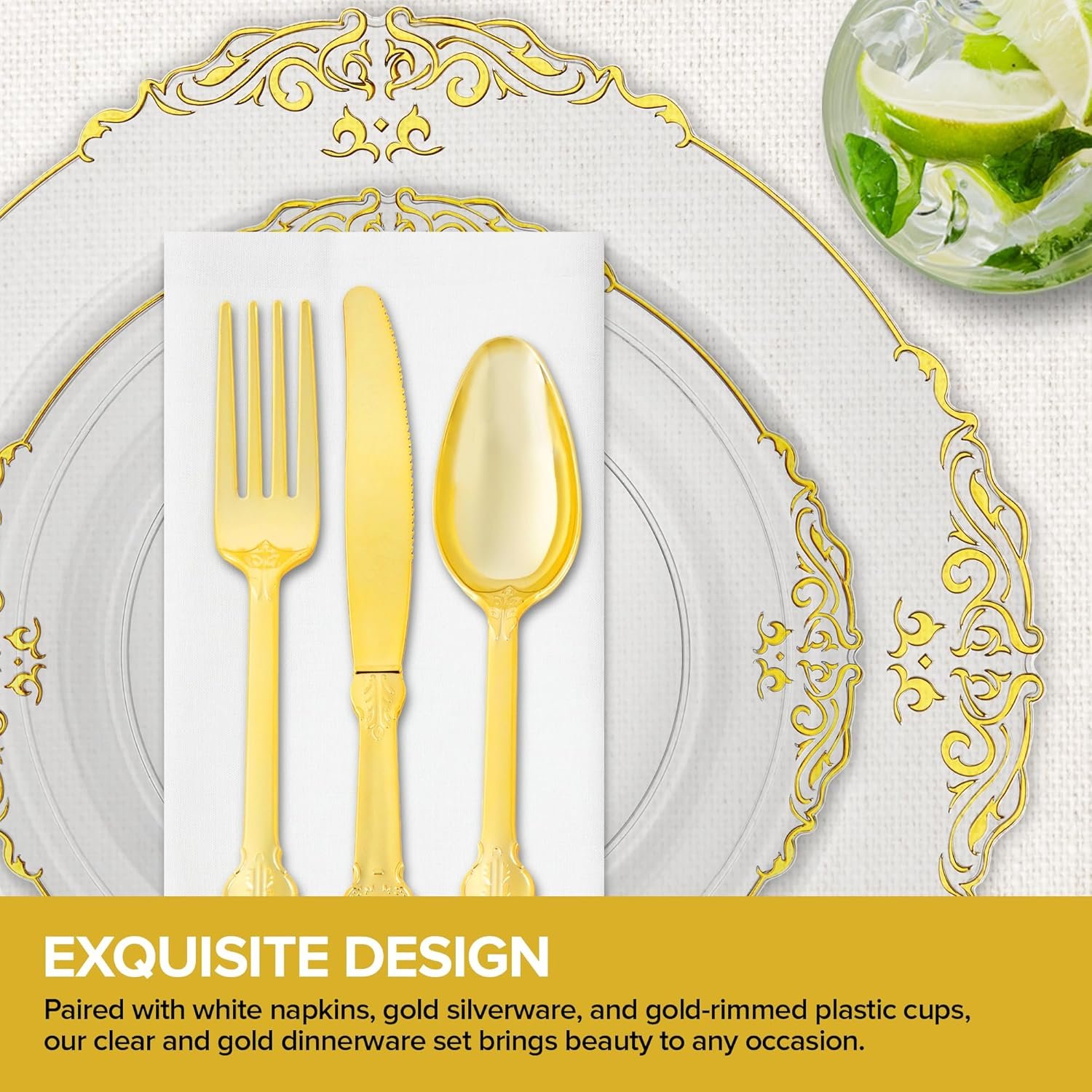 Wholesale Clear and Gold Plates Set with Pre-Rolled Cutlery Napkins and Gold Cups Dinnerware for 50 Guests (350pcs) Disposable Party Sets for Weddings Bridal Showers Graduation Parties Supplier Wholesale Clear and Gold Plates Set with Pre-Rolled Cutlery Napkins and Gold Cups Dinnerware for 50 Guests (350pcs) Disposable Party Sets for Weddings Bridal Showers Graduation Parties Supplier