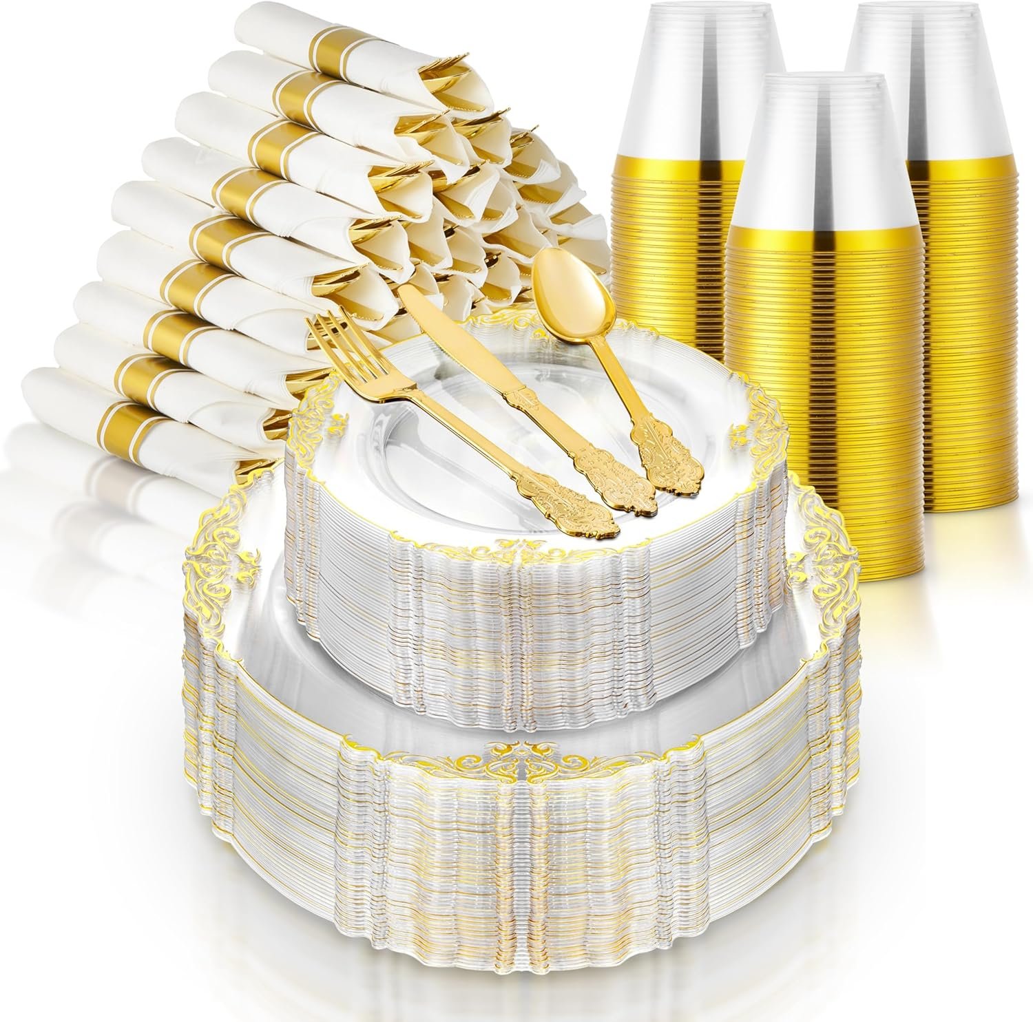 Stock Your Home Clear and Gold Plates Set with Pre-Rolled Cutlery with Napkins & Gold Cups, Dinnerware for 50 Guests (350pcs), Disposable Party Sets for Wedding, Bridal Shower, Graduation Parties