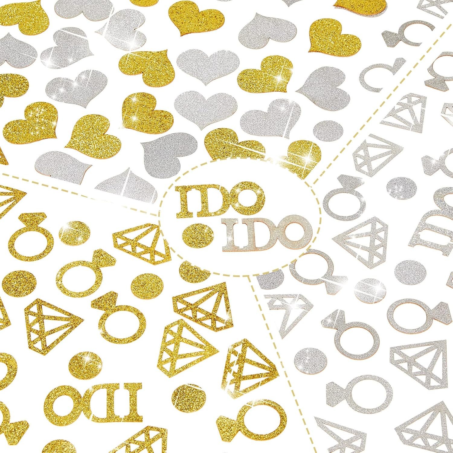 300 Pieces Gold Silver Diamond Ring Paper Confetti Glitter Wedding Table Confetti I Do Circle Dots Heart Confetti Party Table Scatter for Bridal Shower Baby Shower Engagement Party Hen Party Decor