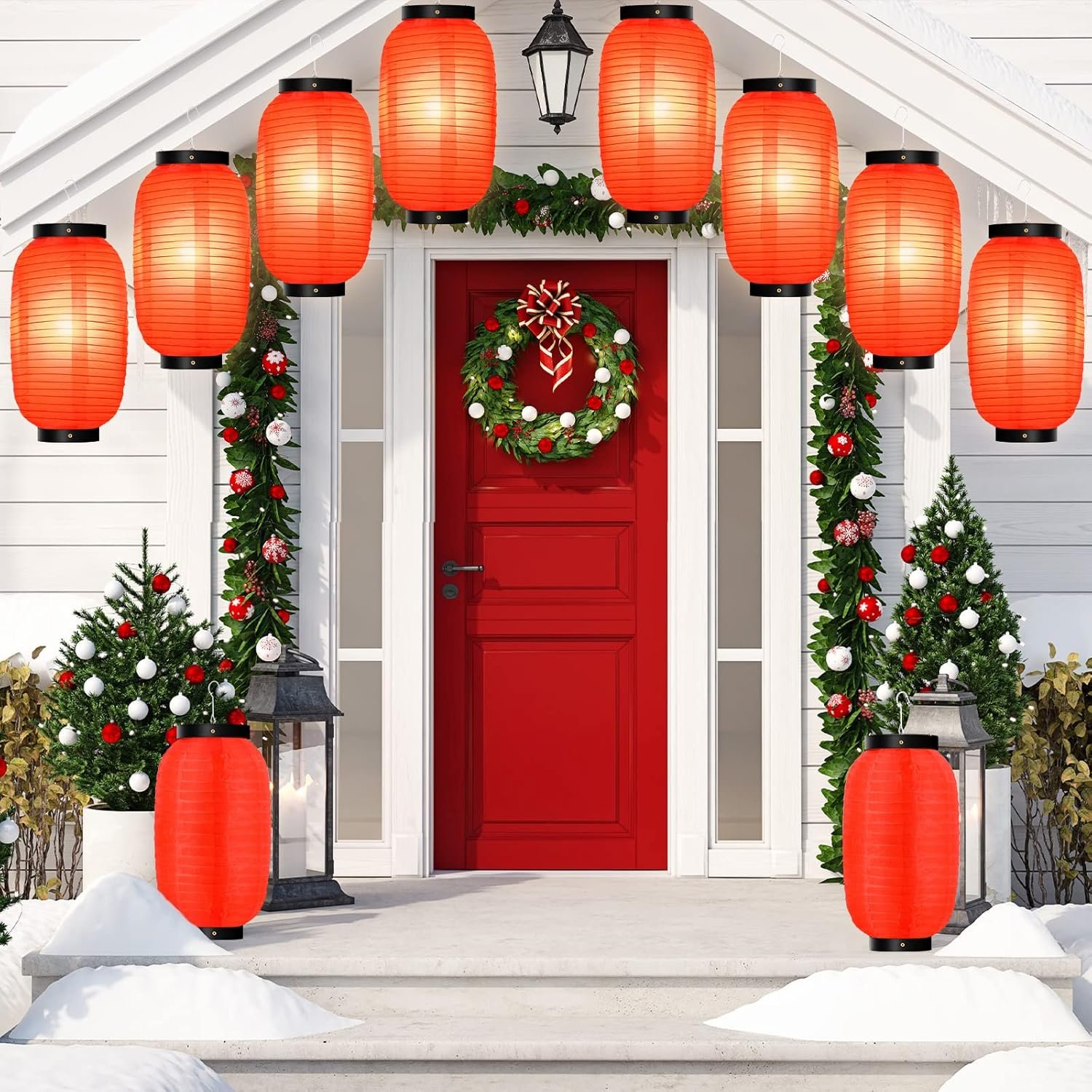 Wholesale 24 Pcs Traditional Japanese Style Red Silk Hanging Lantern Set with Paper Lanterns Decorations and Lights for Chinese New Year Mid-Autumn Festival Party DIY Crafts Supplier