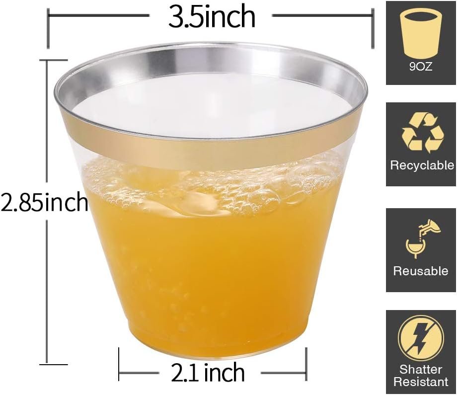 Wholesale 200 Pack 9 Oz Gold Rimmed Clear Plastic Cups Elegant Disposable Wine Glasses Fancy Party Tumblers Cocktail Drinking Glasses for Weddings Supplier