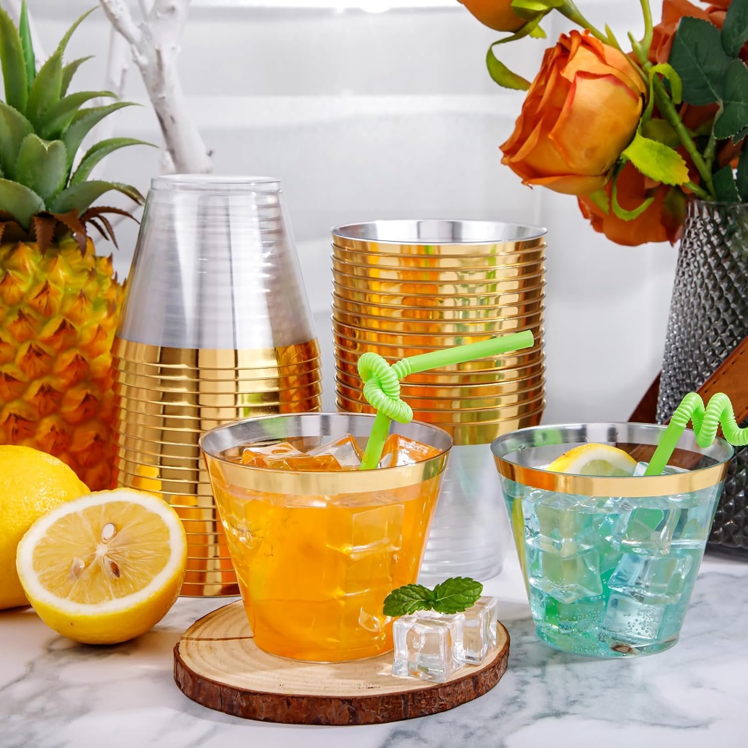 Wholesale 200 Pack 9 Oz Gold Rimmed Clear Plastic Cups Elegant Disposable Wine Glasses Fancy Party Tumblers Cocktail Drinking Glasses for Weddings Supplier