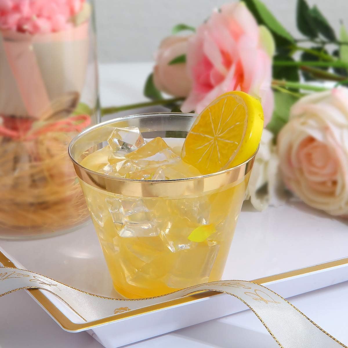 Wholesale 200 Pack 9 Oz Gold Rimmed Clear Plastic Cups Elegant Disposable Wine Glasses Fancy Party Tumblers Cocktail Drinking Glasses for Weddings Supplier