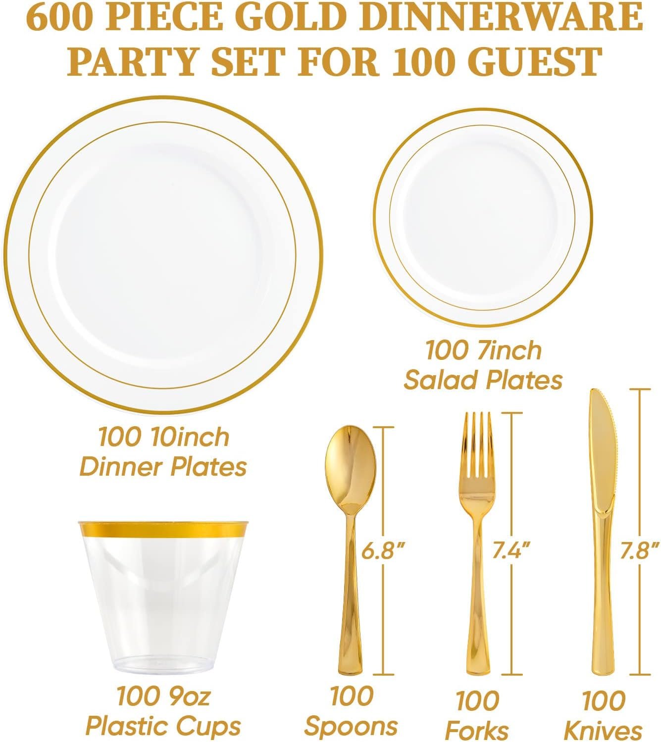 Wholesale 600 Ct Gold Dinnerware Set for 100 Guests Gold Rimmed Disposable Plastic Plates Includes 100 Dinner and Salad Plates Cups Cutlery for Wedding Parties Supplier