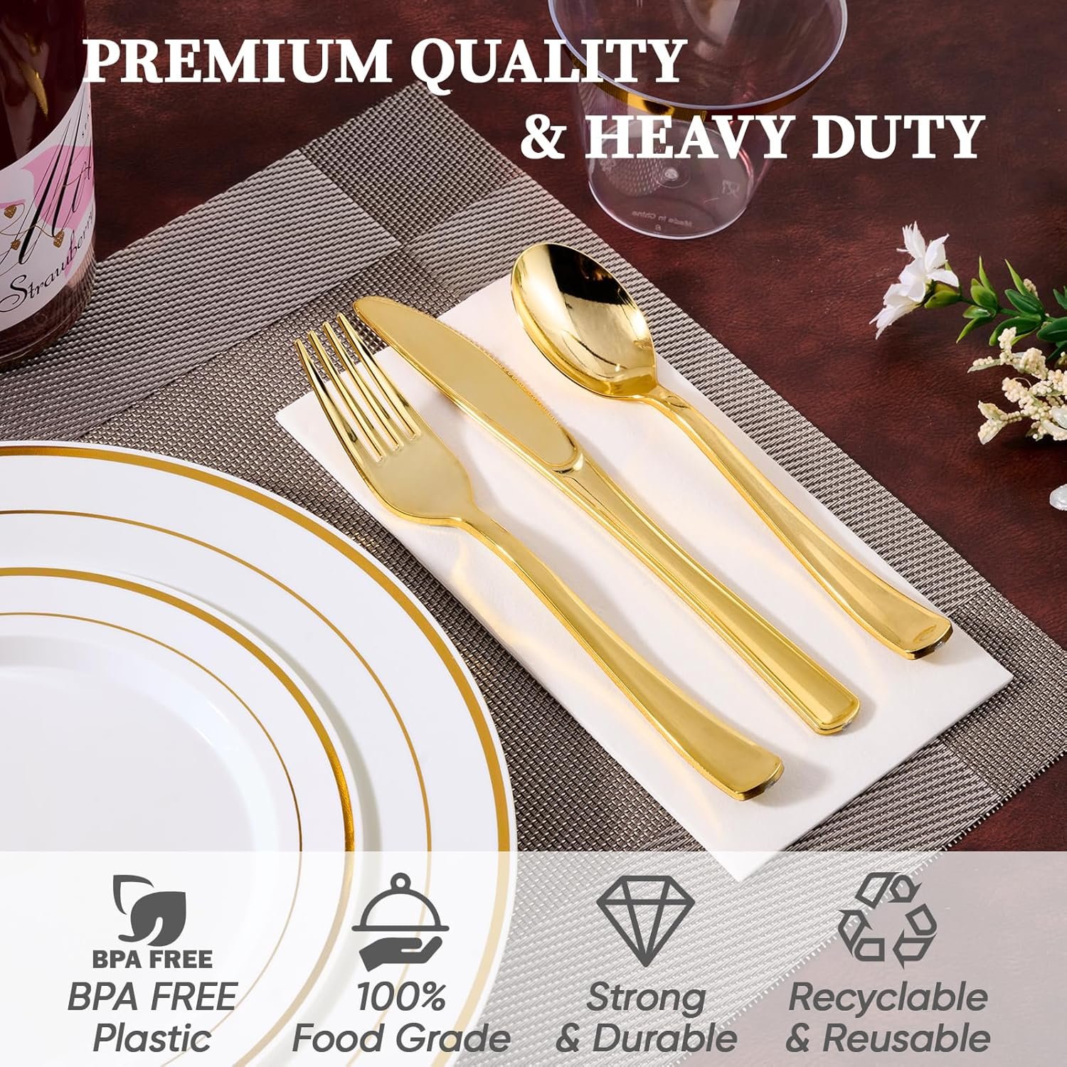 Wholesale 600 Ct Gold Dinnerware Set for 100 Guests Gold Rimmed Disposable Plastic Plates Includes 100 Dinner and Salad Plates Cups Cutlery for Wedding Parties Supplier