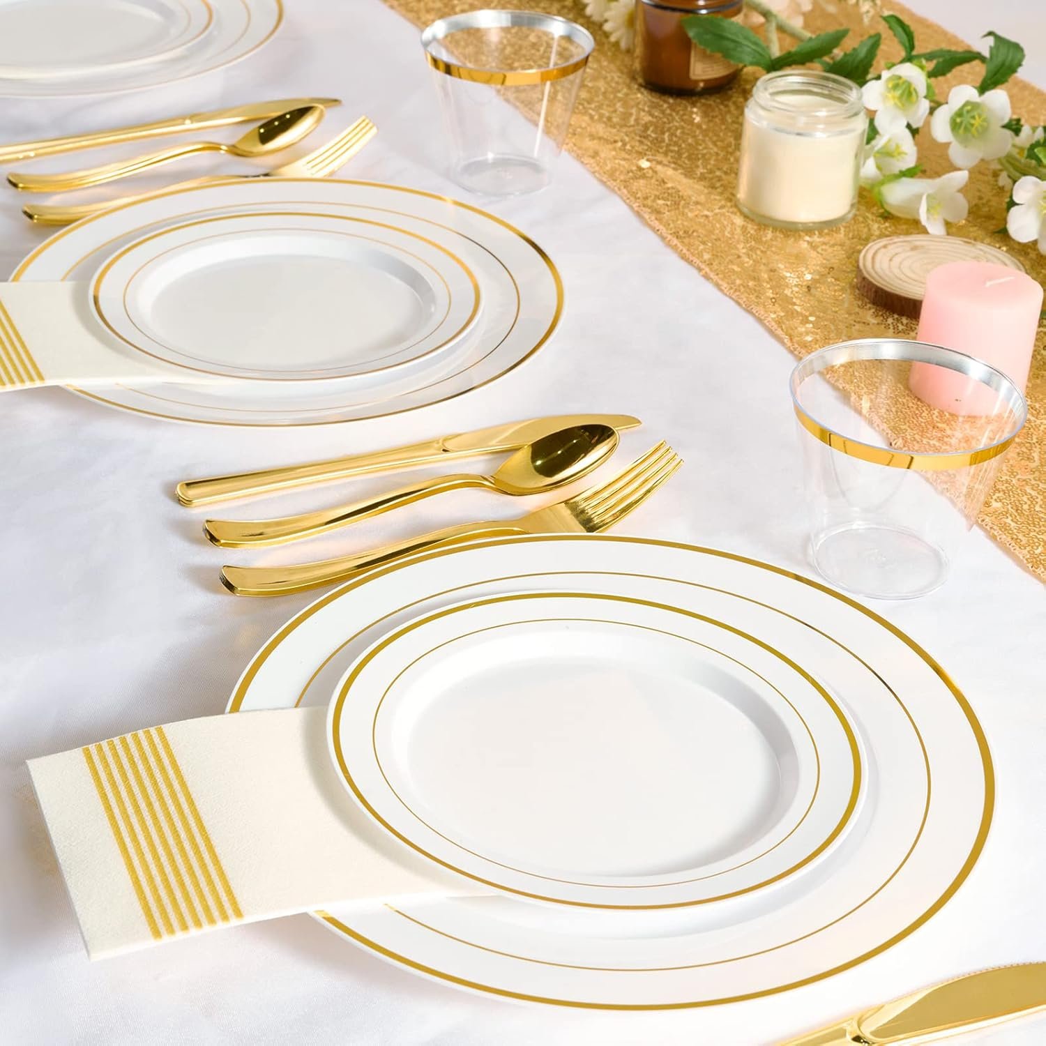 Wholesale 600 Ct Gold Dinnerware Set for 100 Guests Gold Rimmed Disposable Plastic Plates Includes 100 Dinner and Salad Plates Cups Cutlery for Wedding Parties Supplier