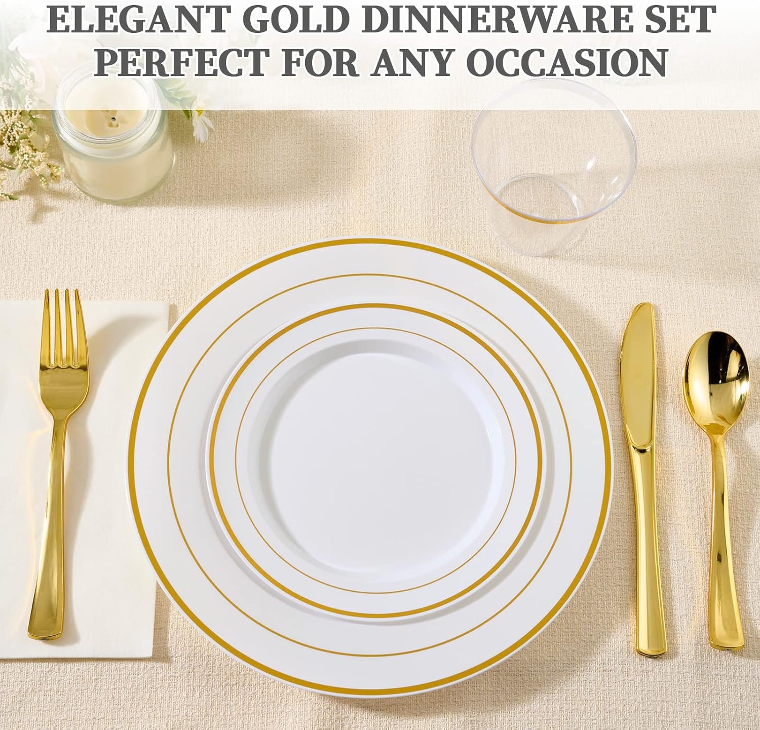 Wholesale 600 Ct Gold Dinnerware Set for 100 Guests Gold Rimmed Disposable Plastic Plates Includes 100 Dinner and Salad Plates Cups Cutlery for Wedding Parties Supplier