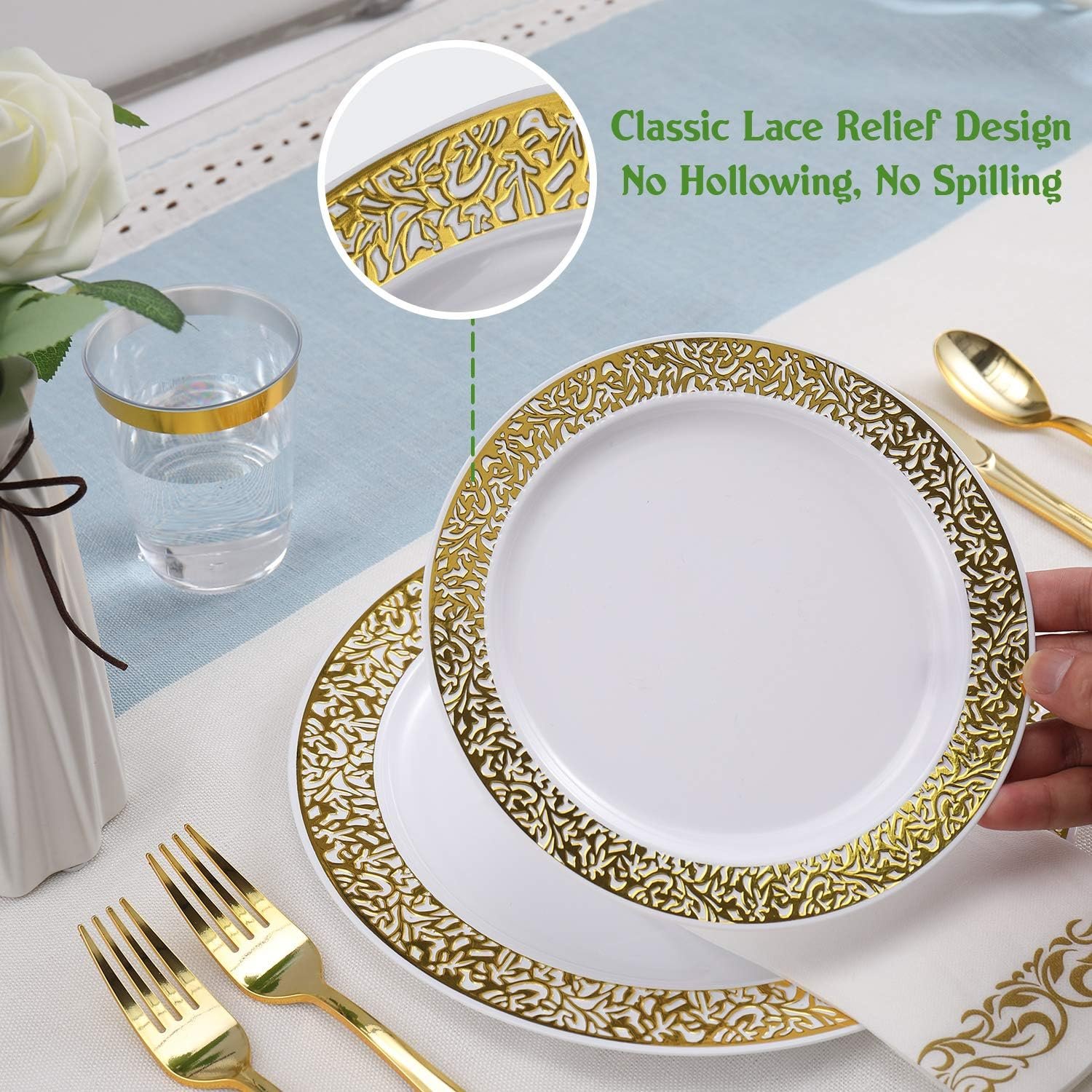 Wholesale 350 Ct Gold Lace Plastic Disposable Dinnerware Set for 50 Guests Including 50 Dinner Dessert Plates Cups Napkins Cutlery Supplier