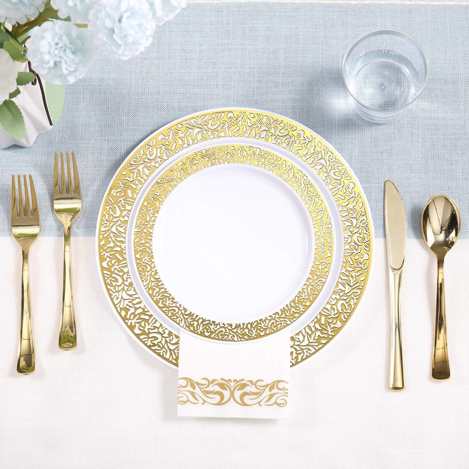 Wholesale 350 Ct Gold Lace Plastic Disposable Dinnerware Set for 50 Guests Including 50 Dinner Dessert Plates Cups Napkins Cutlery Supplier