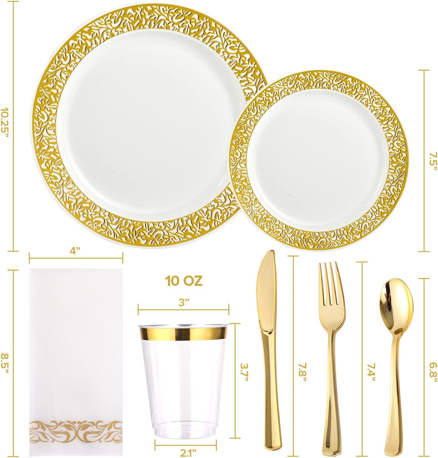 Wholesale 350 Ct Gold Lace Plastic Disposable Dinnerware Set for 50 Guests Including 50 Dinner Dessert Plates Cups Napkins Cutlery Supplier