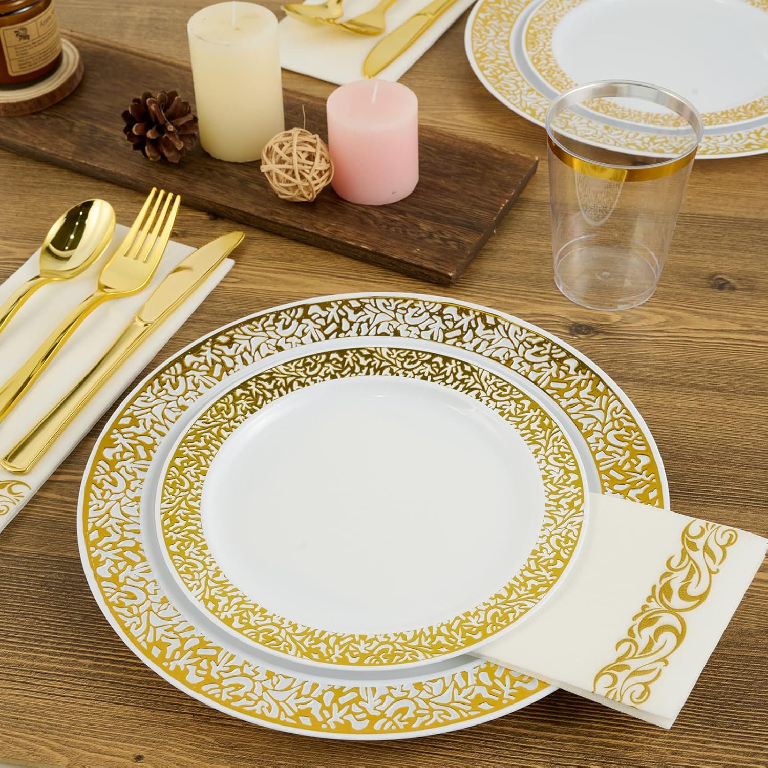 Wholesale 350 Ct Gold Lace Plastic Disposable Dinnerware Set for 50 Guests Including 50 Dinner Dessert Plates Cups Napkins Cutlery Supplier