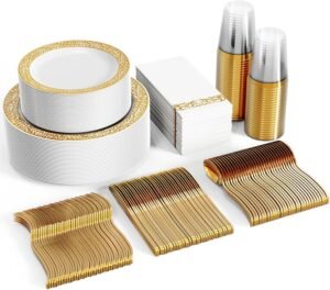 FOCUSLINE 350 Ct Gold Dinnerware Set for 50 Guests, Gold Lace Plastic Plates Disposable Heavy Duty, Including 50 Dinner & Dessert Plates, Cups, Napkins, Cutlery Set