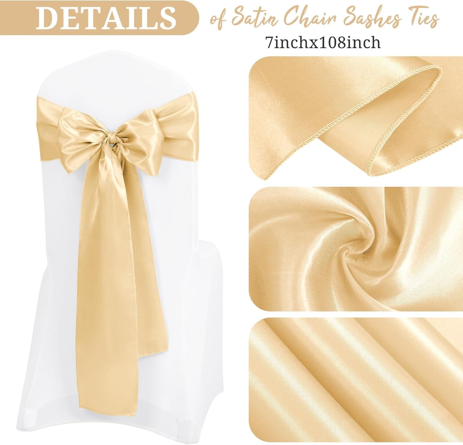 Wholesale 120 PCS Champagne Satin Chair Sashes Bows Universal Chair Covers for Wedding Reception Restaurant Banquet Party Hotel Event Decorations (7 x 108 inch) Supplier