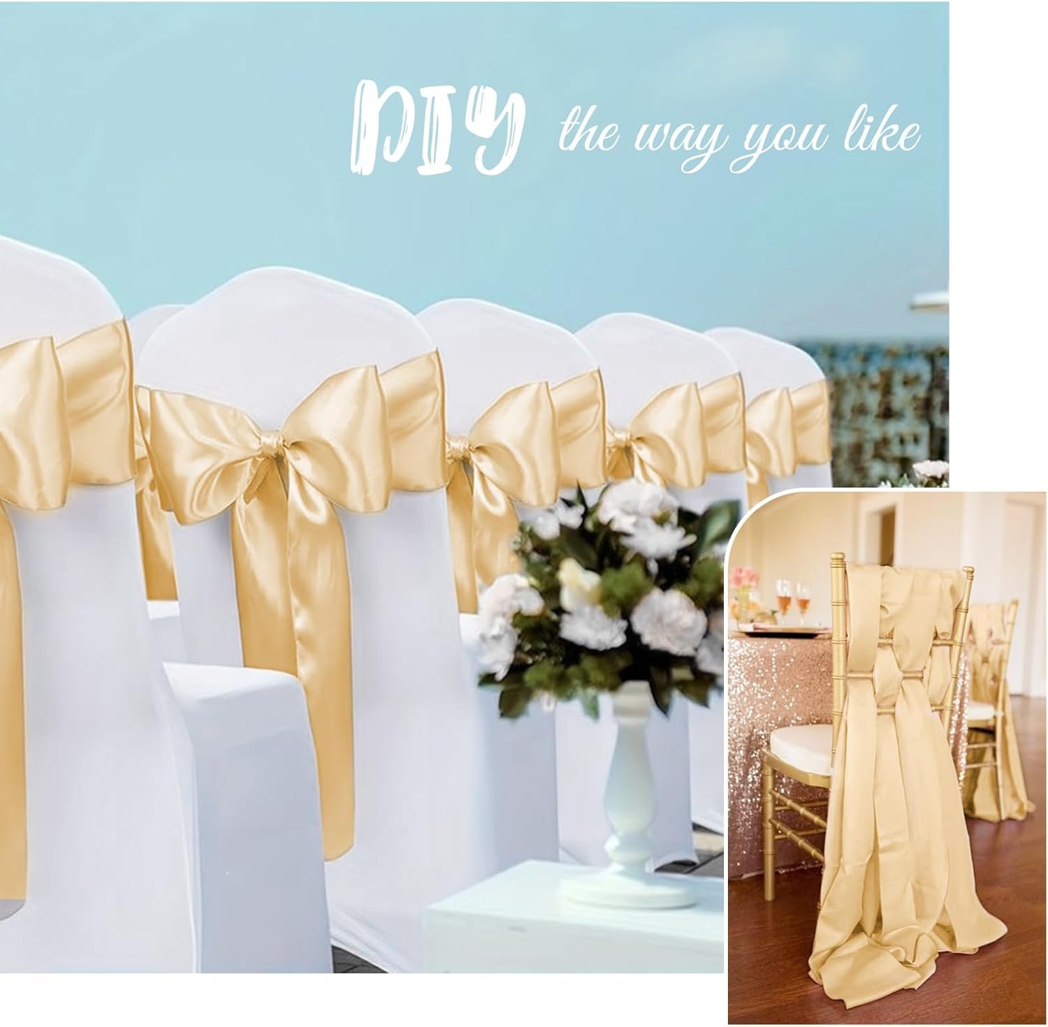 Wholesale 120 PCS Champagne Satin Chair Sashes Bows Universal Chair Covers for Wedding Reception Restaurant Banquet Party Hotel Event Decorations (7 x 108 inch) Supplier