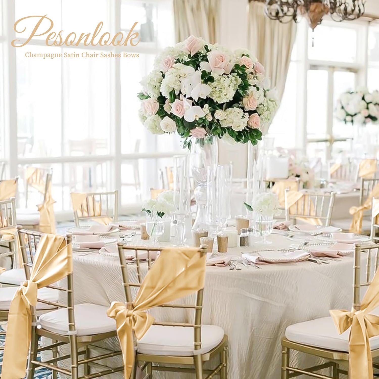 Wholesale 120 PCS Champagne Satin Chair Sashes Bows Universal Chair Covers for Wedding Reception Restaurant Banquet Party Hotel Event Decorations (7 x 108 inch) Supplier