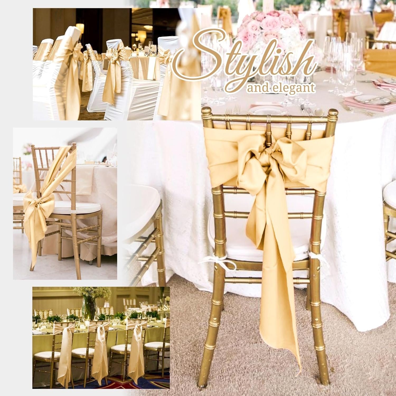 Wholesale 120 PCS Champagne Satin Chair Sashes Bows Universal Chair Covers for Wedding Reception Restaurant Banquet Party Hotel Event Decorations (7 x 108 inch) Supplier