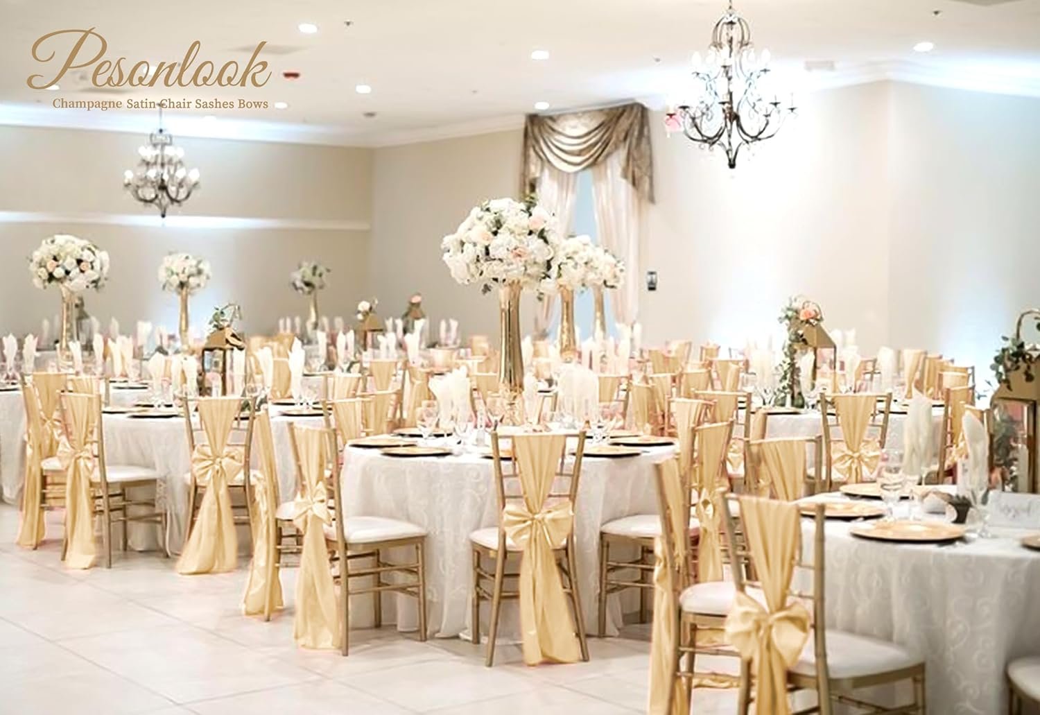 Wholesale 120 PCS Champagne Satin Chair Sashes Bows Universal Chair Covers for Wedding Reception Restaurant Banquet Party Hotel Event Decorations (7 x 108 inch) Supplier