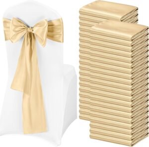 Pesonlook 120 PCS Champagne Satin Chair Sashes Bows Satin Chair Sashes Universal Chair Cover for Wedding Reception Restaurant Event Decoration Banquet,Party,Hotel Event Decorations (7 x 108 inch)