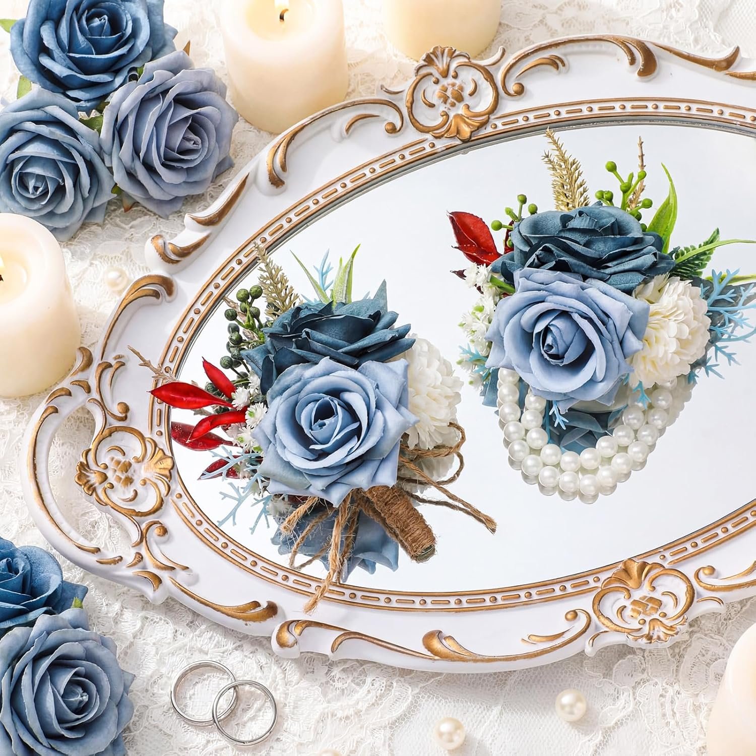 Wholesale 2 Pcs Dusty Corsage and Boutonniere Set for Men Wrist Bracelets Boutonnieres Wedding Prom Suit Flower Accessories in Blue Supplier Wholesale 2 Pcs Dusty Corsage and Boutonniere Set for Men Wrist Bracelets Boutonnieres Wedding Prom Suit Flower Accessories in Blue Supplier