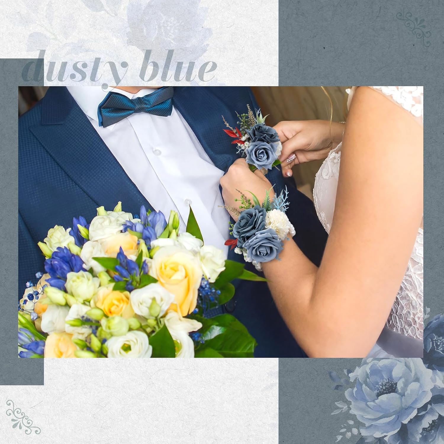 Wholesale 2 Pcs Dusty Corsage and Boutonniere Set for Men Wrist Bracelets Boutonnieres Wedding Prom Suit Flower Accessories in Blue Supplier Wholesale 2 Pcs Dusty Corsage and Boutonniere Set for Men Wrist Bracelets Boutonnieres Wedding Prom Suit Flower Accessories in Blue Supplier