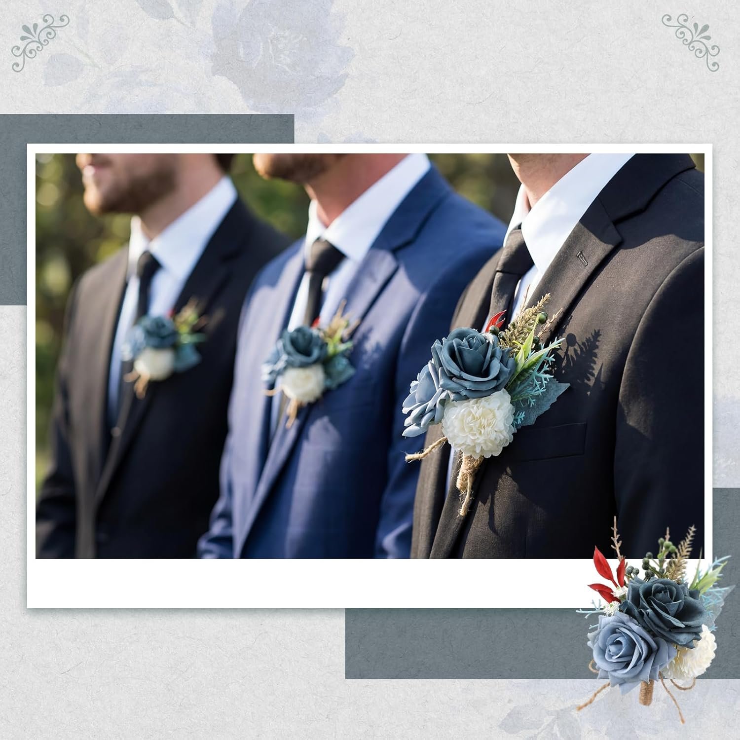 Wholesale 2 Pcs Dusty Corsage and Boutonniere Set for Men Wrist Bracelets Boutonnieres Wedding Prom Suit Flower Accessories in Blue Supplier Wholesale 2 Pcs Dusty Corsage and Boutonniere Set for Men Wrist Bracelets Boutonnieres Wedding Prom Suit Flower Accessories in Blue Supplier