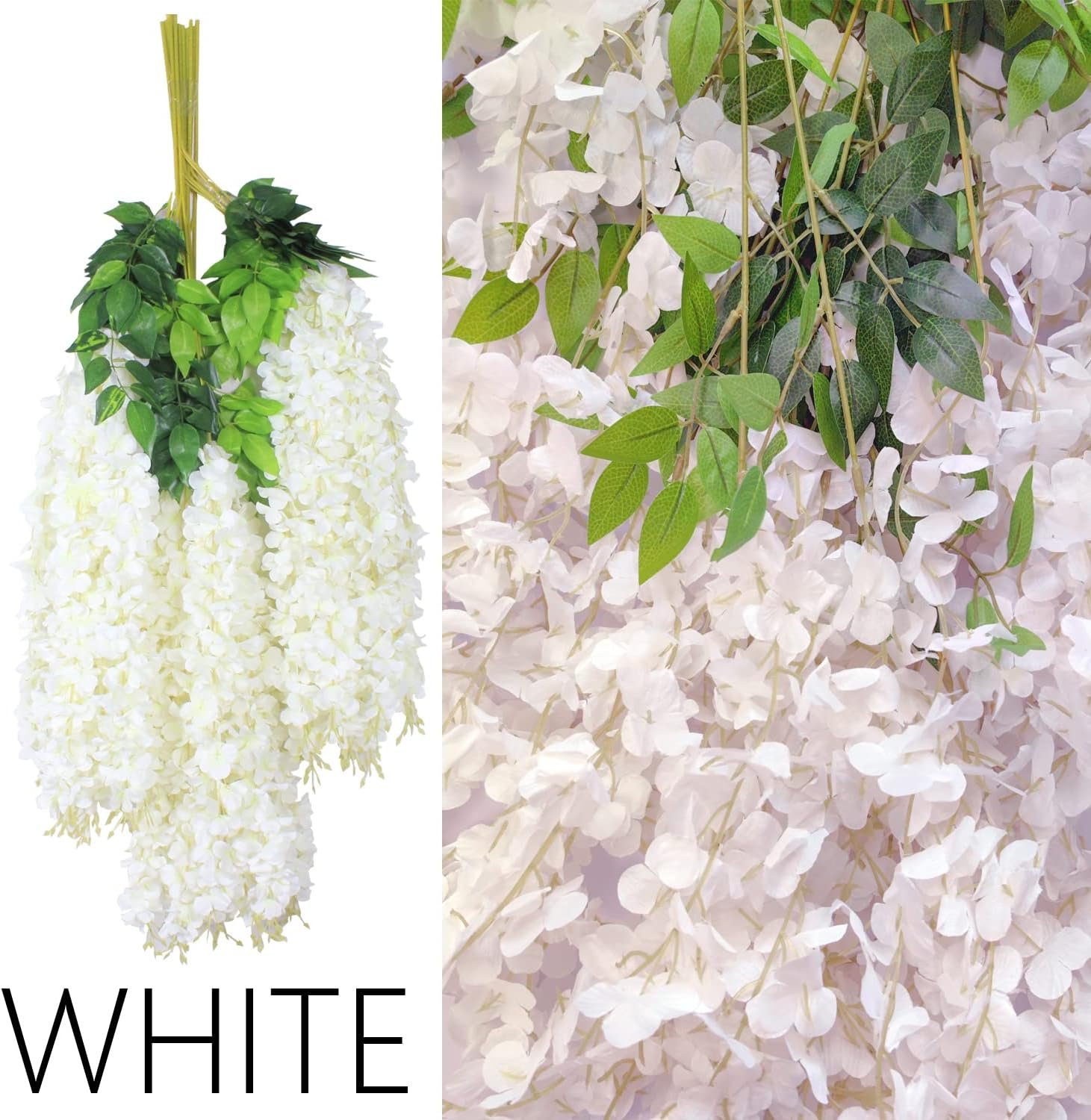 Wholesale 12Pcs 3.6 Feet Artificial Wisteria Flowers White Dense Fake Vine Hanging Garland Silk String Home Party Wedding Decor Supplier