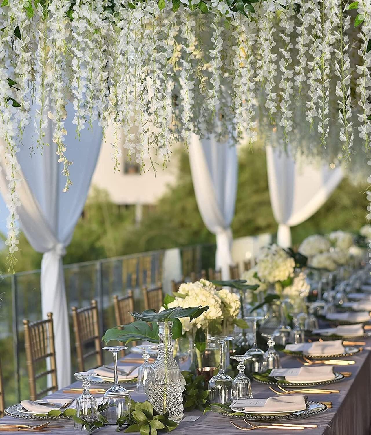 Wholesale 12Pcs 3.6 Feet Artificial Wisteria Flowers White Dense Fake Vine Hanging Garland Silk String Home Party Wedding Decor Supplier