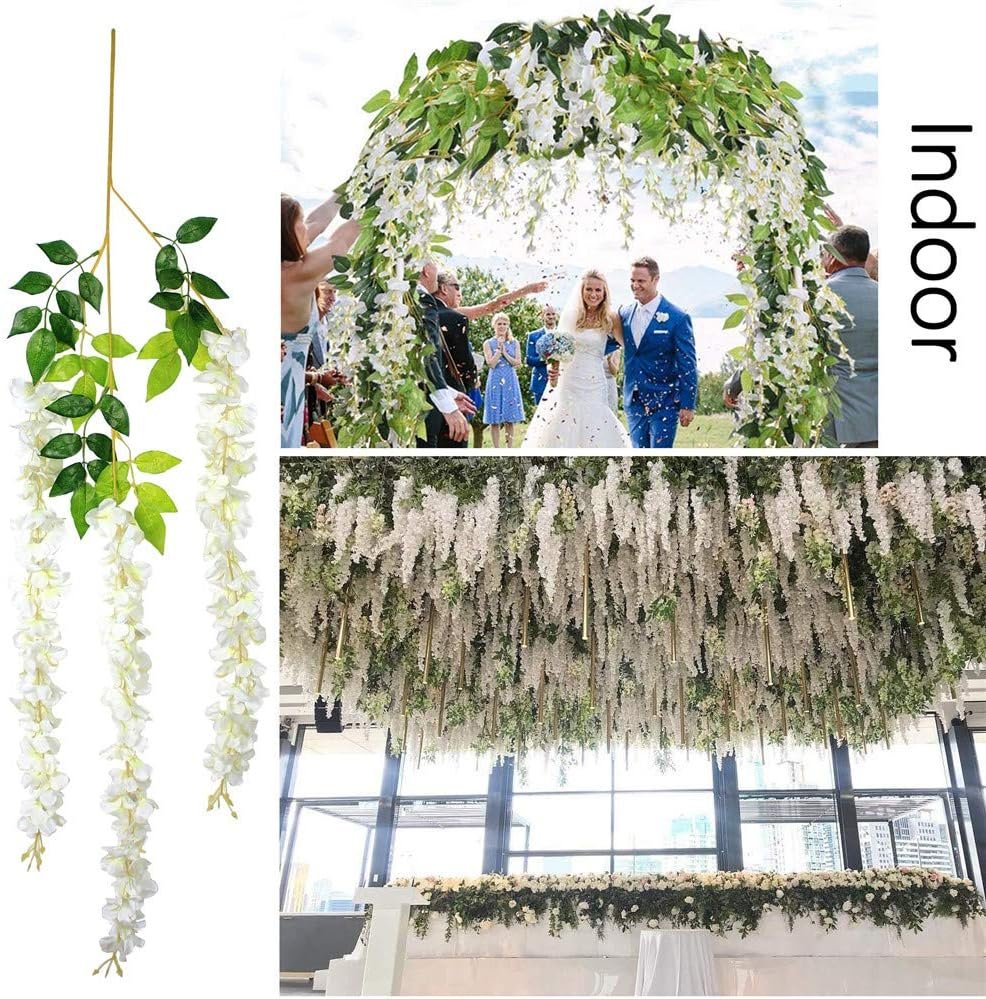 Wholesale 12Pcs 3.6 Feet Artificial Wisteria Flowers White Dense Fake Vine Hanging Garland Silk String Home Party Wedding Decor Supplier