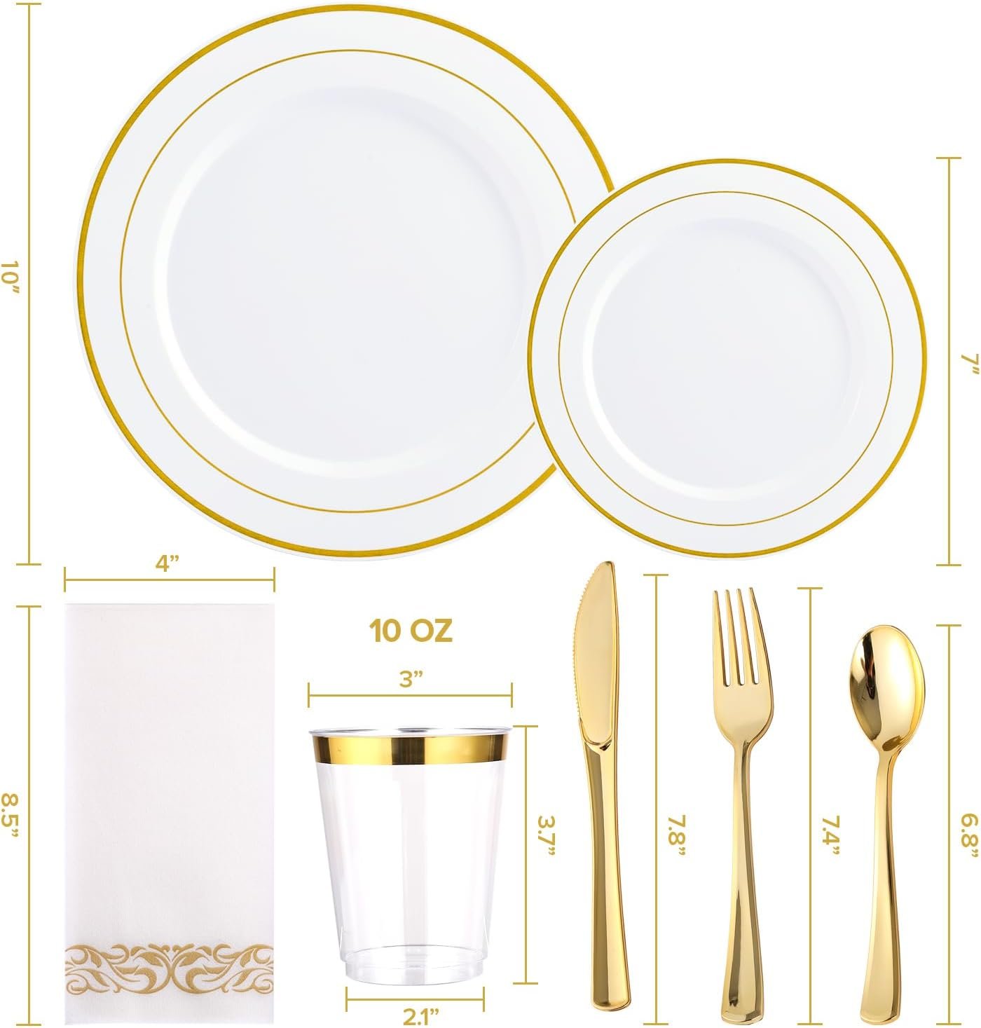 Wholesale 175 Count Gold Rimmed White Disposable Plastic Dinnerware Set for 25 Guests Heavy Duty Includes 25 Dinner Salad Plates Cups Cutlery for Wedding Parties Supplier