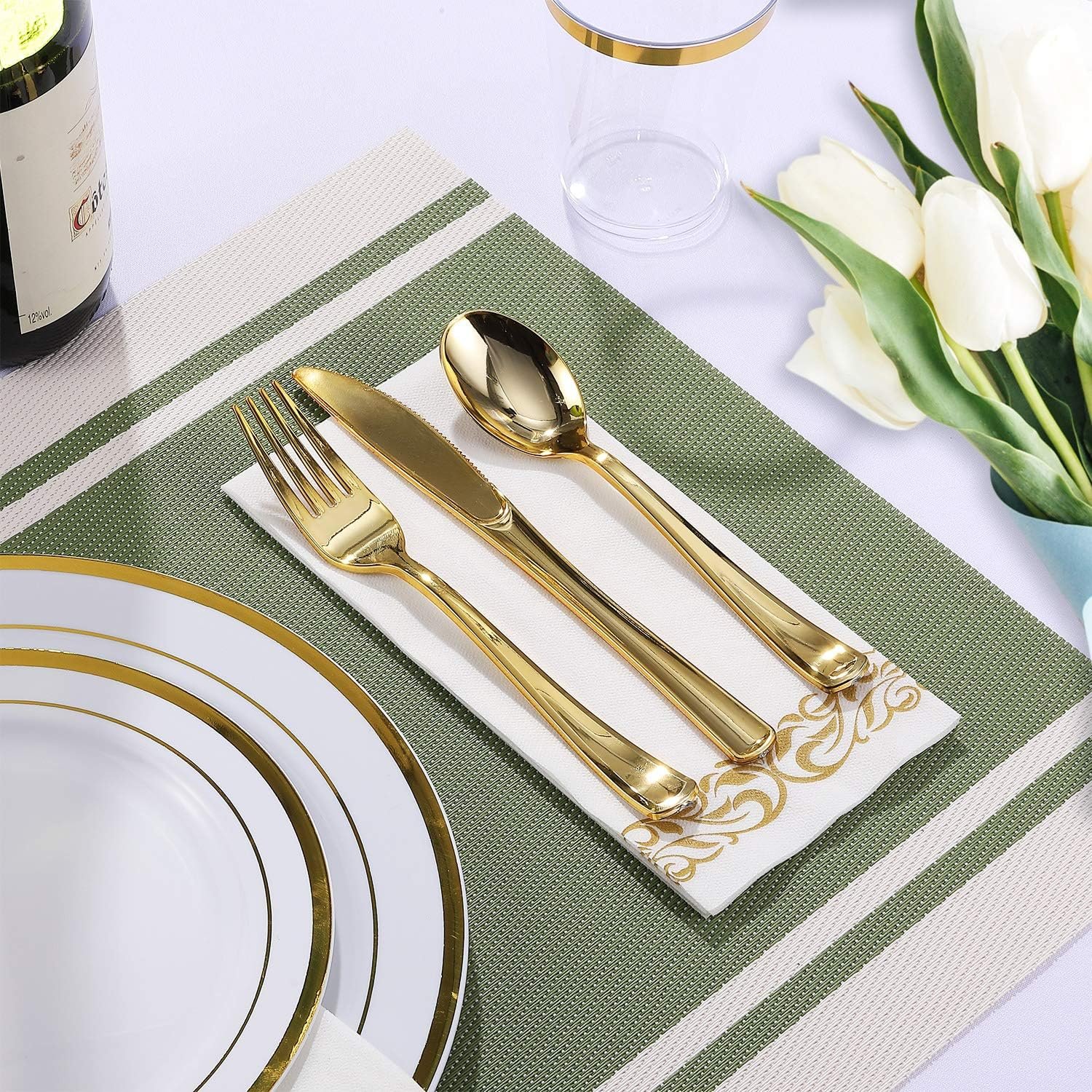 Wholesale 175 Count Gold Rimmed White Disposable Plastic Dinnerware Set for 25 Guests Heavy Duty Includes 25 Dinner Salad Plates Cups Cutlery for Wedding Parties Supplier